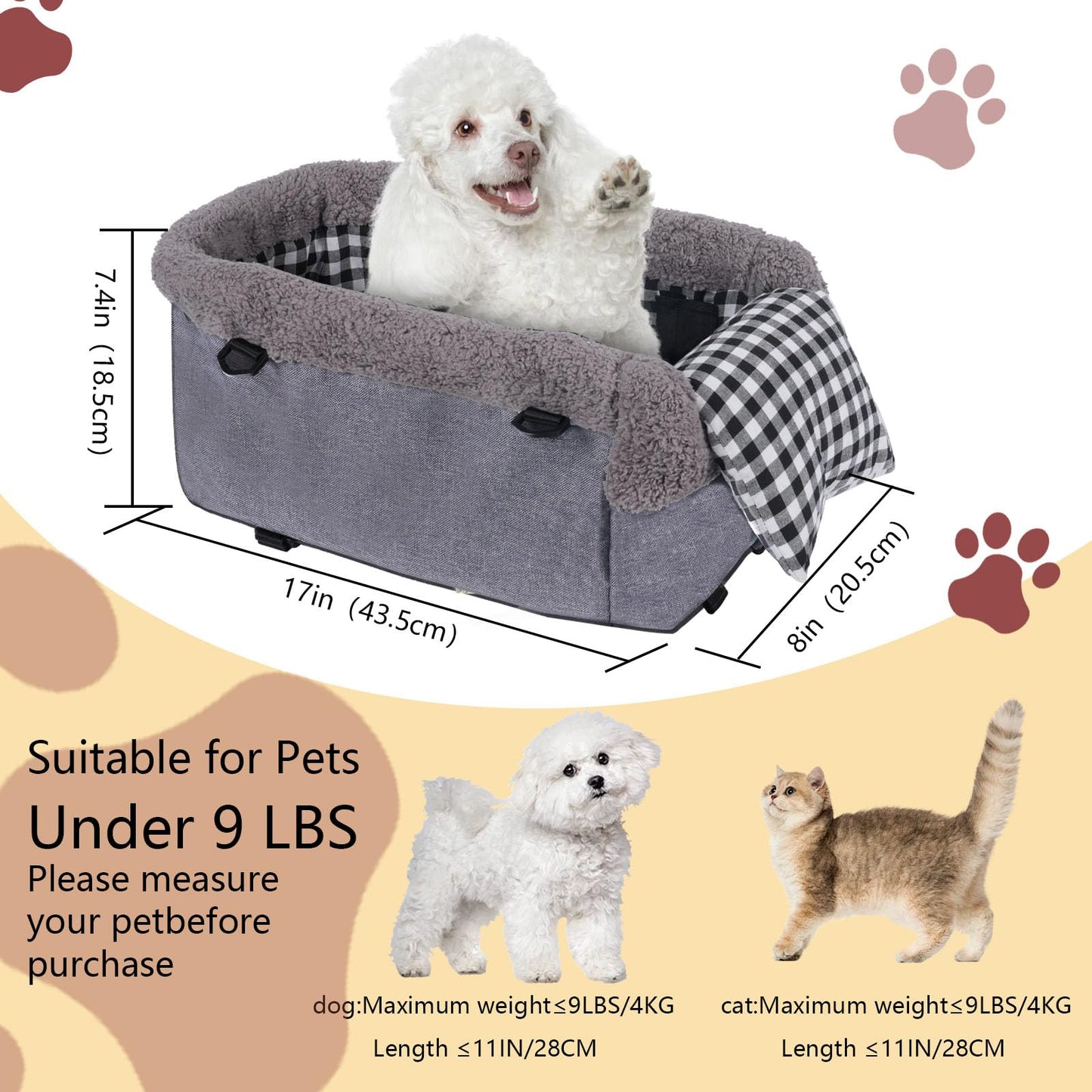 Console Small Dog Car Seat, Metal Frame Support Pet Car Seat, Soft Padded Upgraded Pet Portable Safety Booster Seat with Removable Headrest, Small Dog Car Console Safety Seat (Dark Gray)