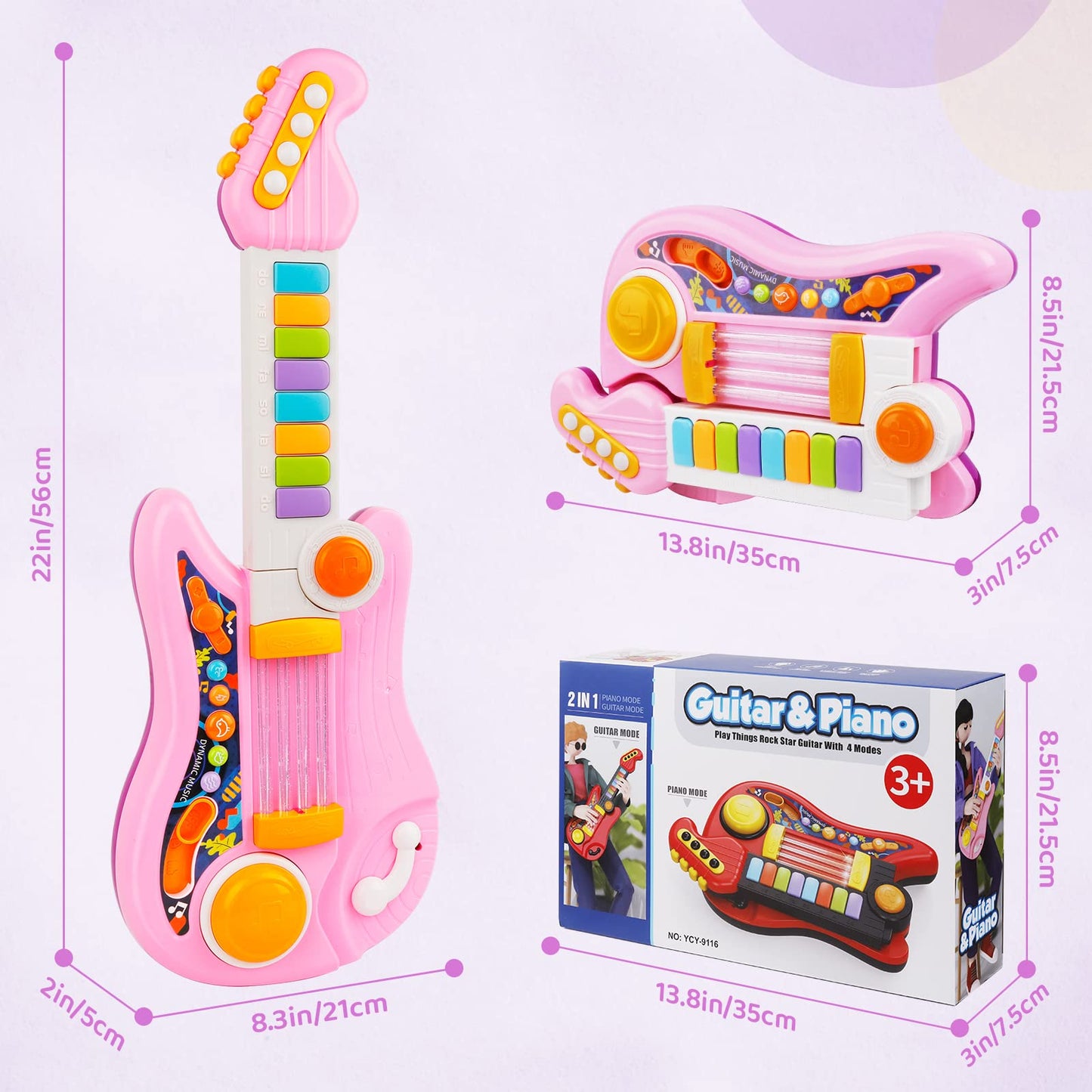 Kids Guitar 2 in 1 Musical Instruments for Kid - Fun Piano Toddler Toy & Electric Guitars | Explore Creativity | Unleash Child’s Talent, Music Toys for 2-4 Year Old Boys & Girls (Pink)