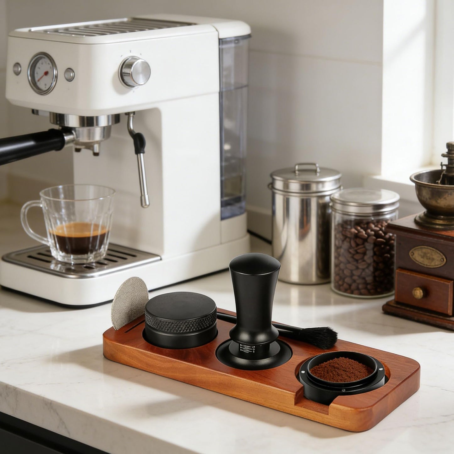 Espresso Accessories 7-Pcs Set, 54mm Espresso Tamper,wdt Tool,(Coffee Tamper with Wooden Espresso Tamper Base, Portafilter, Stirrer, Measuring Funnel, Brush, Ice Cube Strainer)