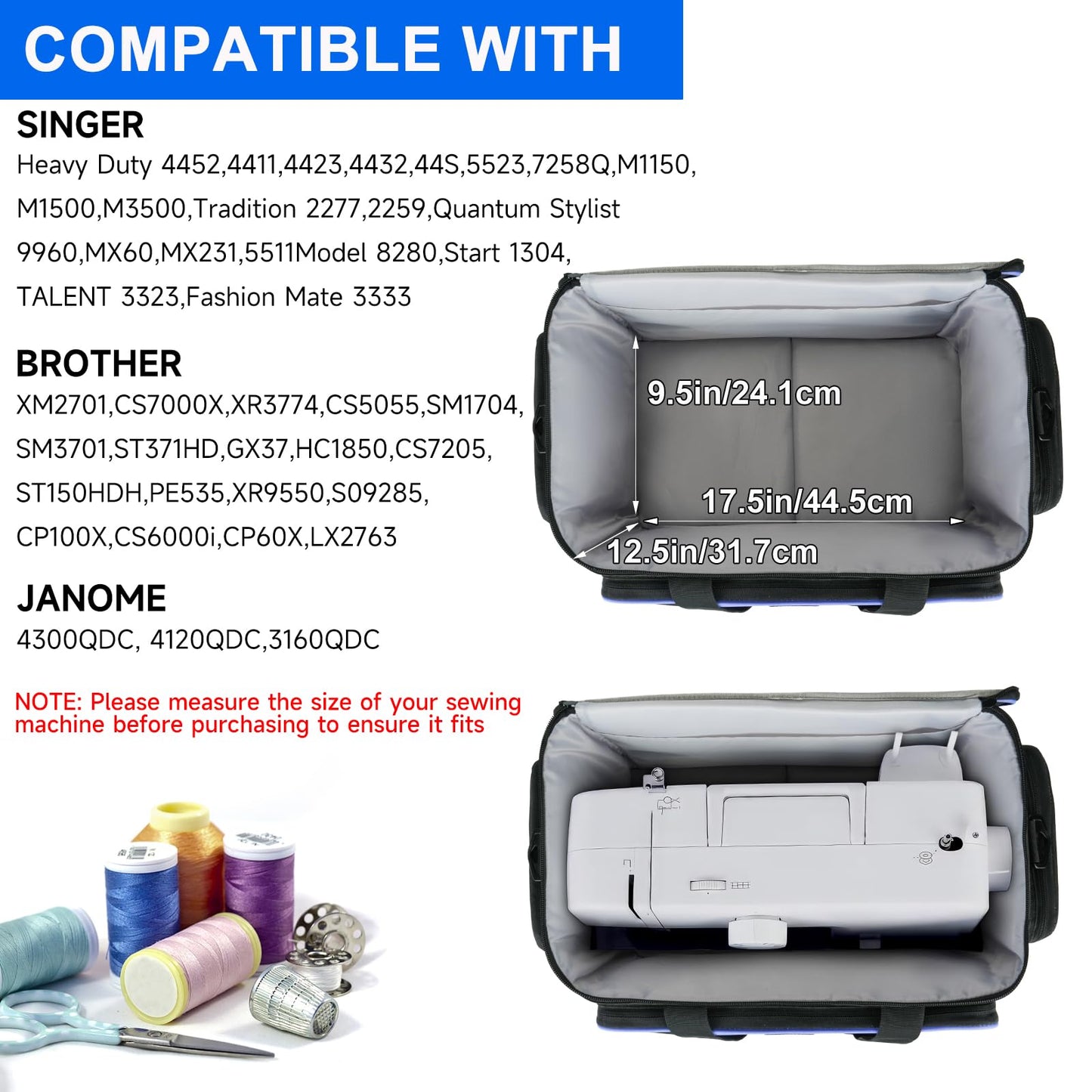 Rolling Sewing Machine Case with Wheels,Sewing Machine Carrying Bag,Trolley Tote Bag Fits for Most Standard Singer,Brother,Janome Sewing Machine and Accessories(Black)