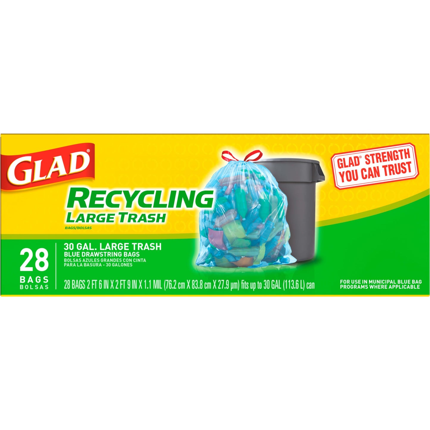 Glad Large Drawstring Recycling Bags - 30 Gallon Blue Trash Bag - 28 Count