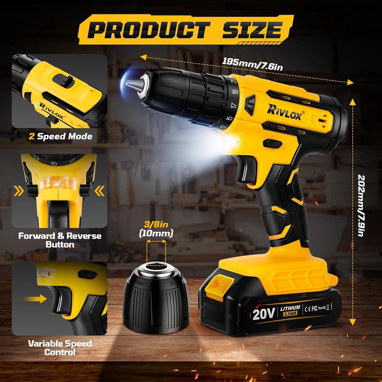 20V Cordless Drill Set, 21+1Torque, Electric Power Drill Cordless, Electric Screwdriver with 1300mAh Battery and 2A Charger, 23pcs Drill Bit Set with LED Light for DIY Projects, Yellow