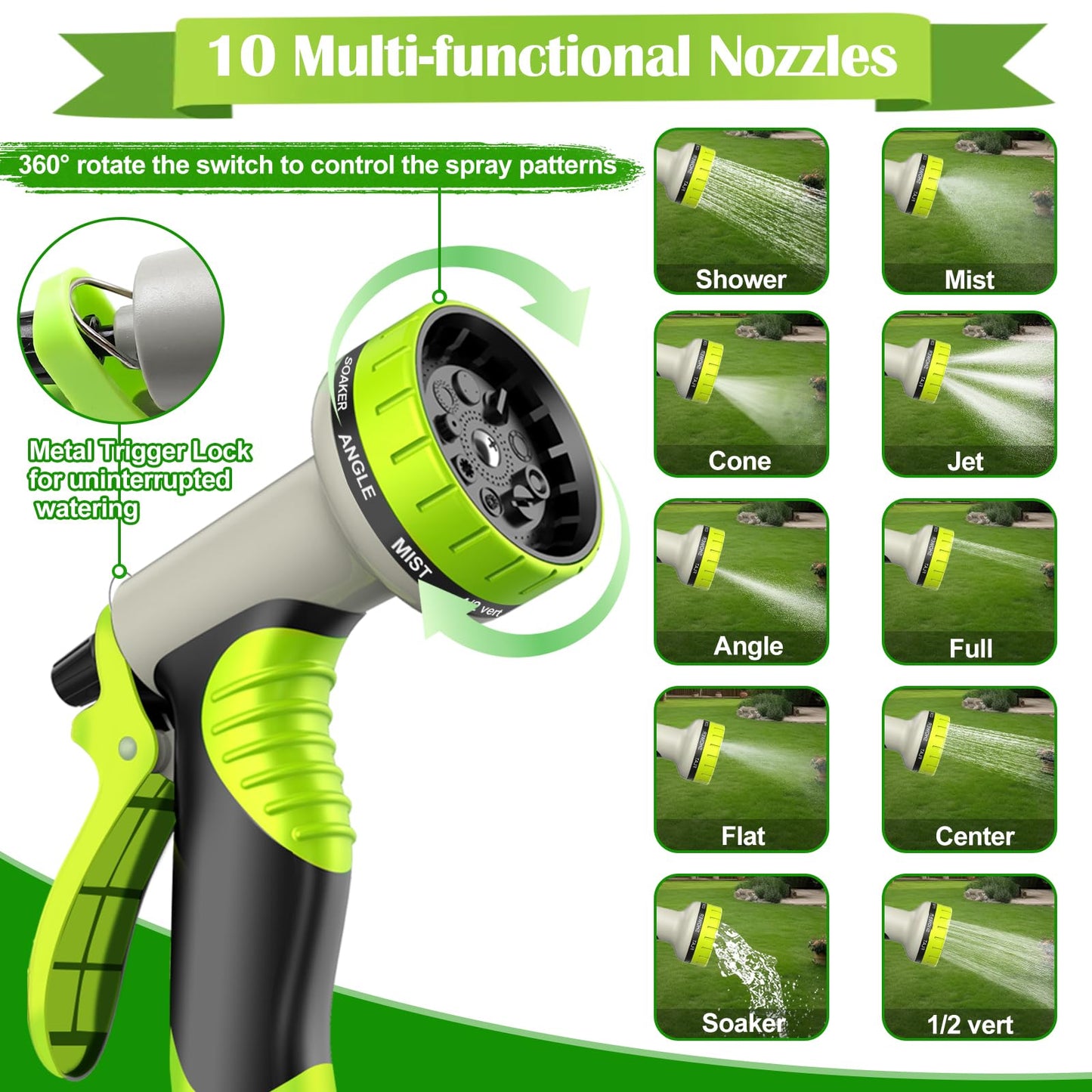 Expandable Garden Hose 100ft Water Hose with 10 Function Nozzle Flexible Expending Hose Kink Free,3-Layers Latex,3/4 Solid Solid Fittings Retractable Collapsible Gardening Hose Pipe with Hook Green