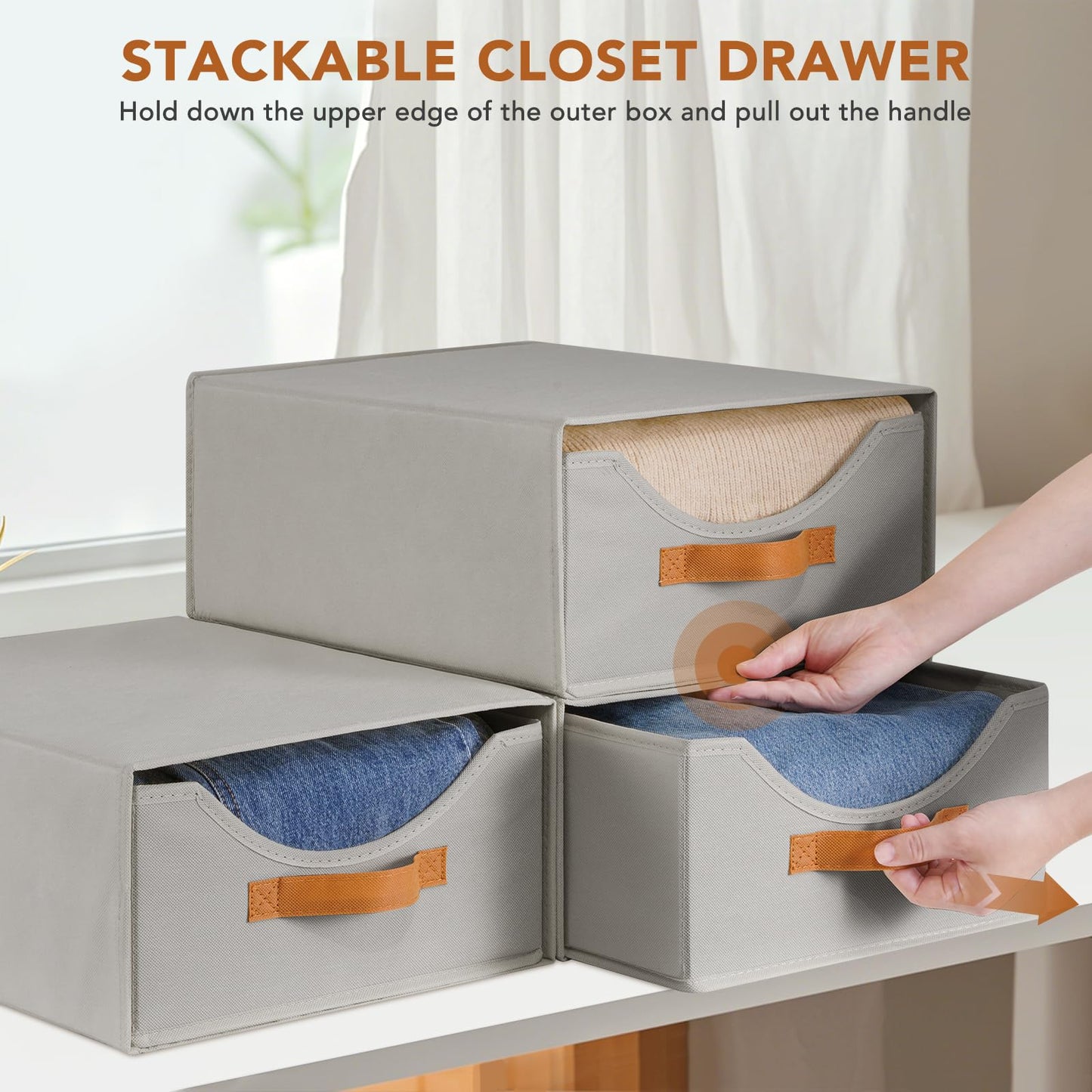Baesyhom 6 Pcs 16.5" Closet Drawers and Large Size Clothes Storage Bins Push-Out Storage Stackable Shelf Drawers with See-Through Window Closet Organizers for Bedroom, Living Room, Under Bed, Grey