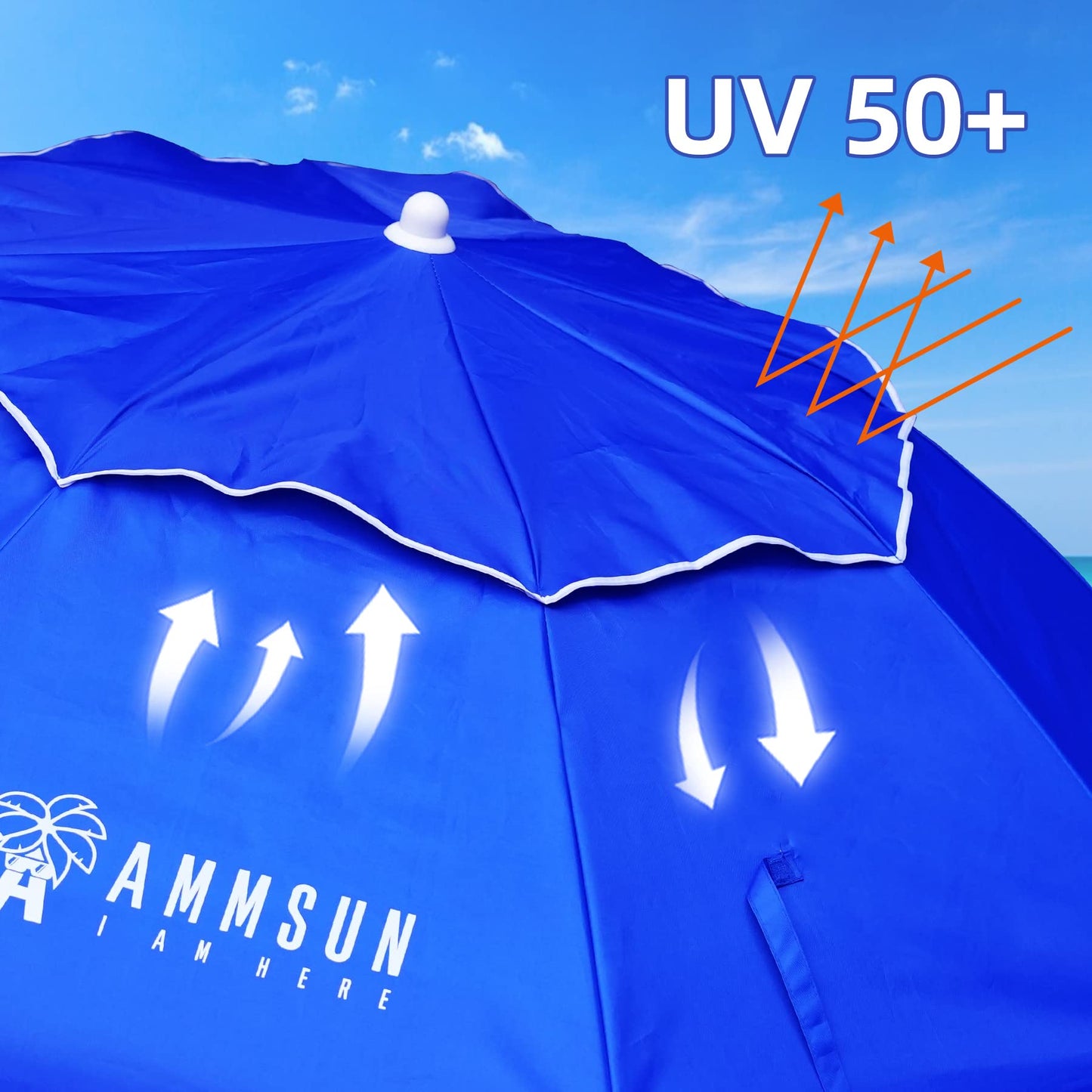 AMMSUN 6ft Folded Portable Travel Beach Umbrella with Sand Anchor, Tilt and Air vent UPF 50+UV Protection fit in suitcase Portable Compact Foldable beach umbrella for Patio Garden Beach Pool Blue