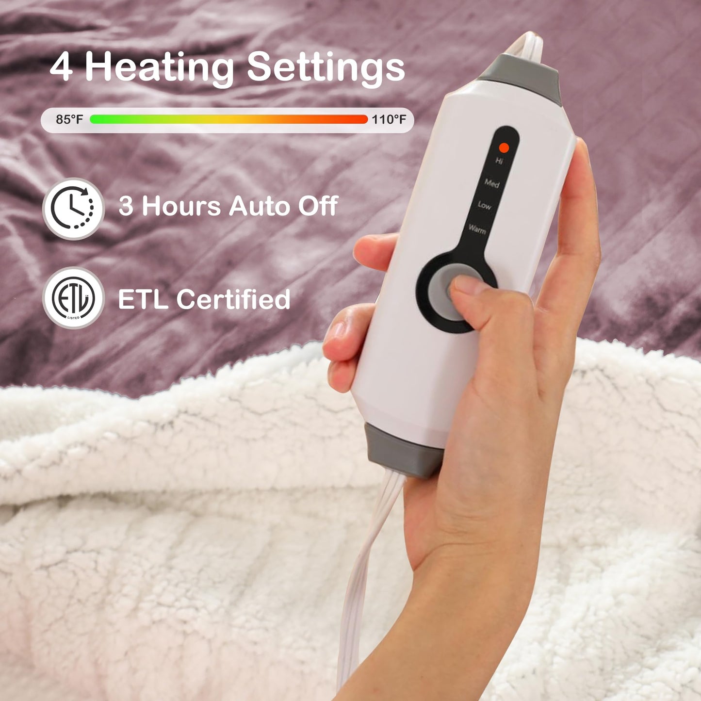 Eydna Electric Throw Heated Blanket 50'' x 60''- Soft Plush Flannel Heating Blanket with 4 Heating Level & 3 Hour Auto Off, Machine Washable, Purple