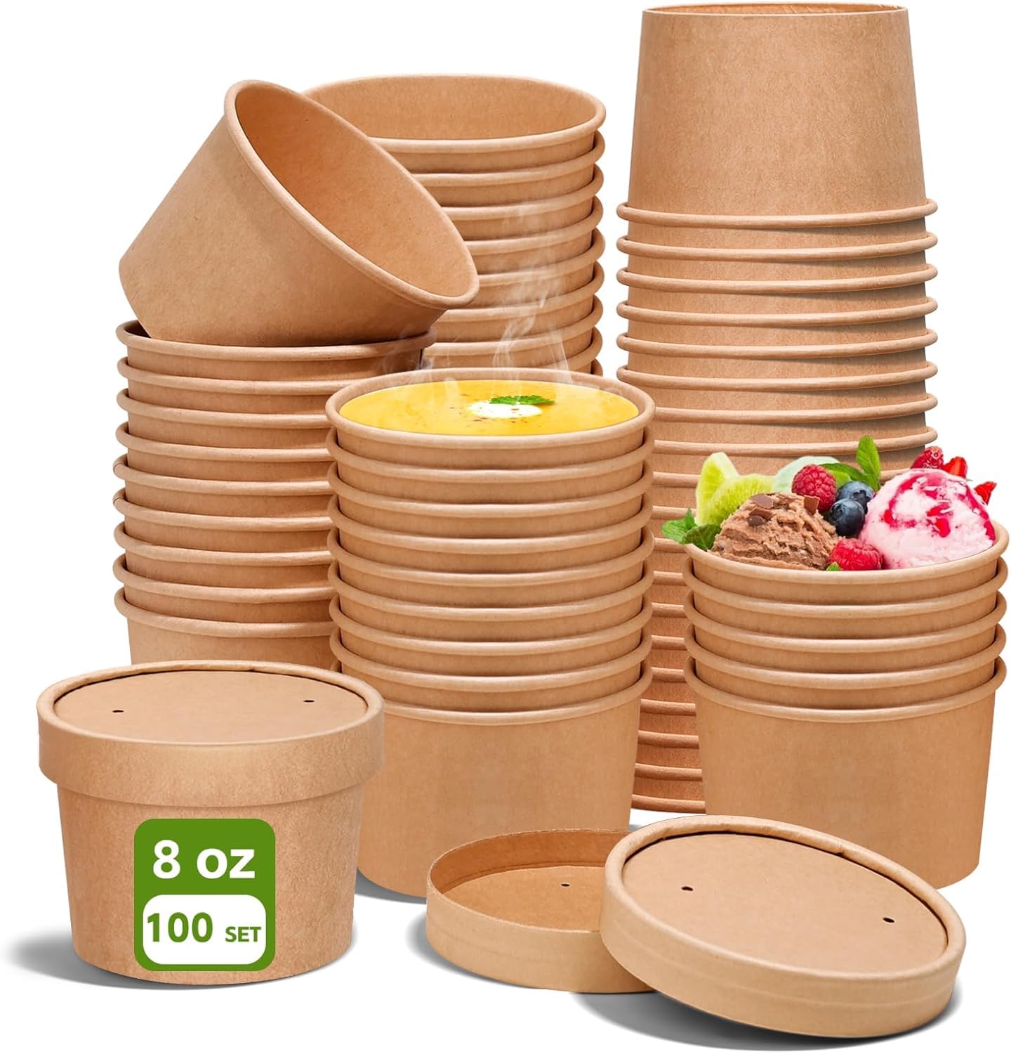 100 Pcs 8oz Disposable Soup Containers with Lids, Ice Cream Cups Kraft Paper Cups with Vented Lids, Heavy Duty to Go Soup Bowls Food Storage Containers for Ice Cream, Yogurt, Cold and Hot Foods
