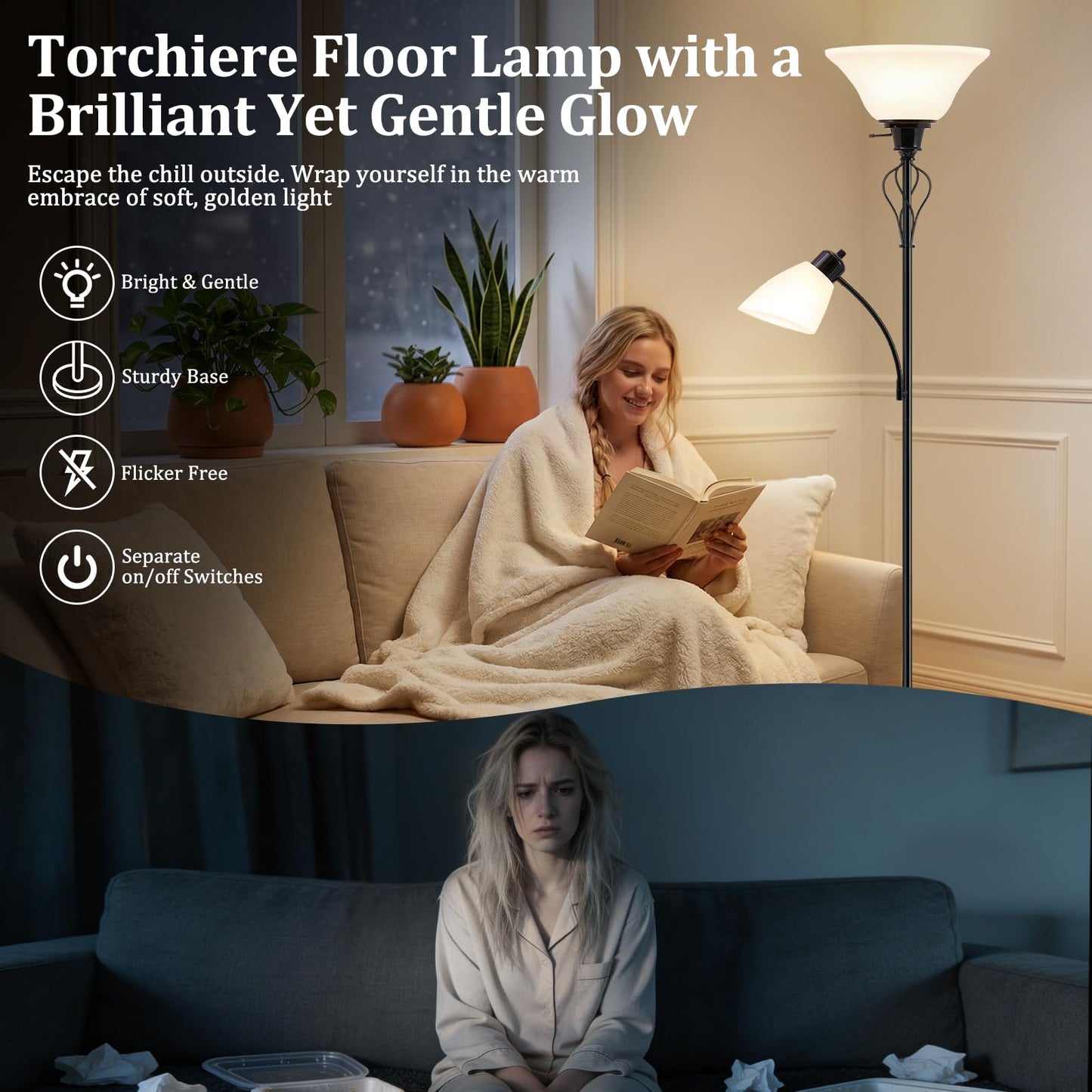 Floor Lamp for Bedroom, 70" Tall 2-in-1 Torchiere Floor Lamp with Adjustable Gooseneck Reading Light, Plastic Shade Lamps Separate On/Off Switch Modern Corner Standing Lamp for Living Room, Office