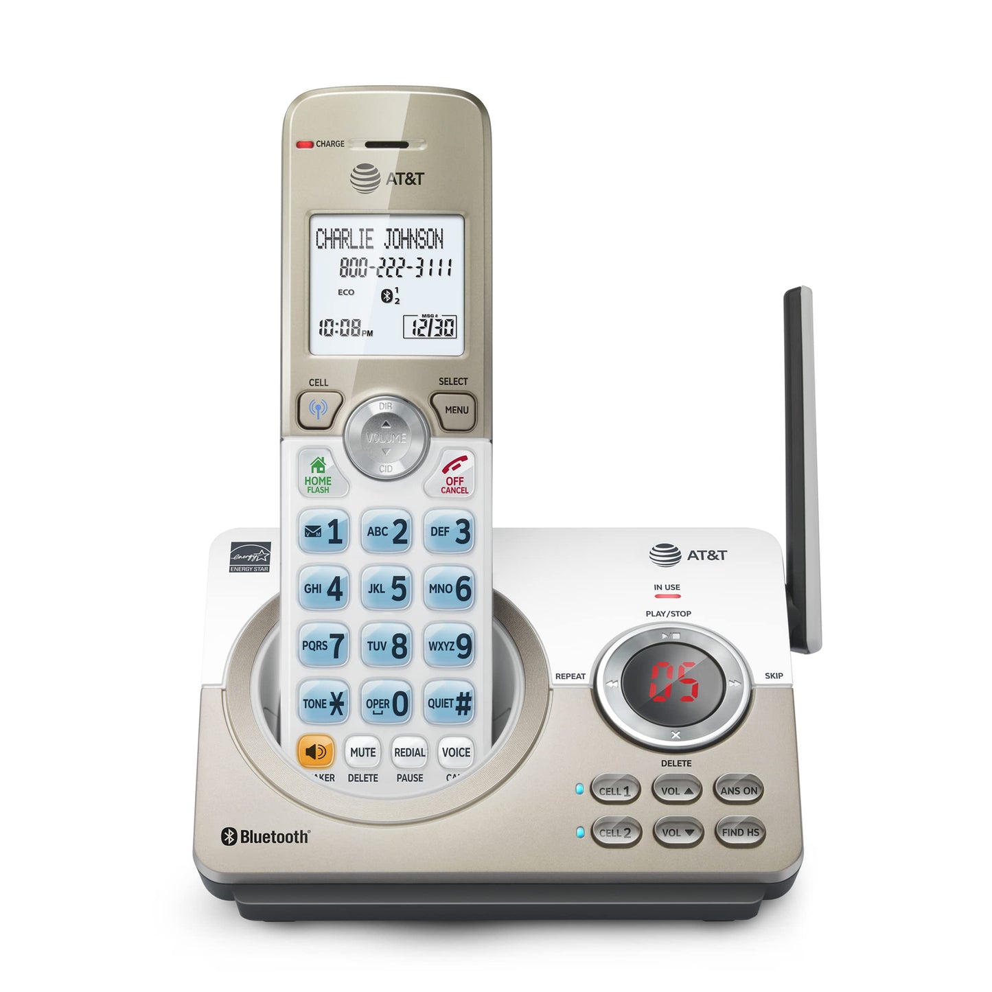 AT&T DL72119 DECT 6.0 Single Cordless Phone for Home with Bluetooth Connect to Cell, Call Blocking, 1.8" Backlit Screen, Big Buttons, intercom, and Unsurpassed Range, White/Champagne