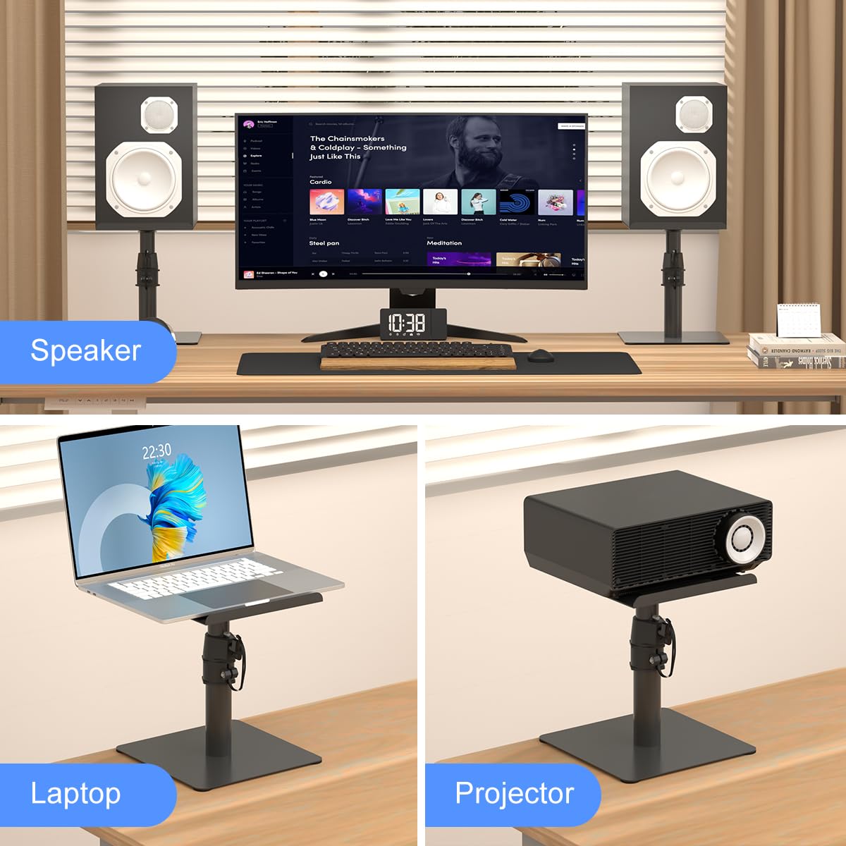 Suptek Free-Standing Speaker Stand Desktop Set, 9.6 x 8.8 inch Trays, Height Adjustment and Tilt, Universal Audio Holders for Computer and Bookshelf Speakers, Elevated Sound, 2 Pack, Black, SDM001T