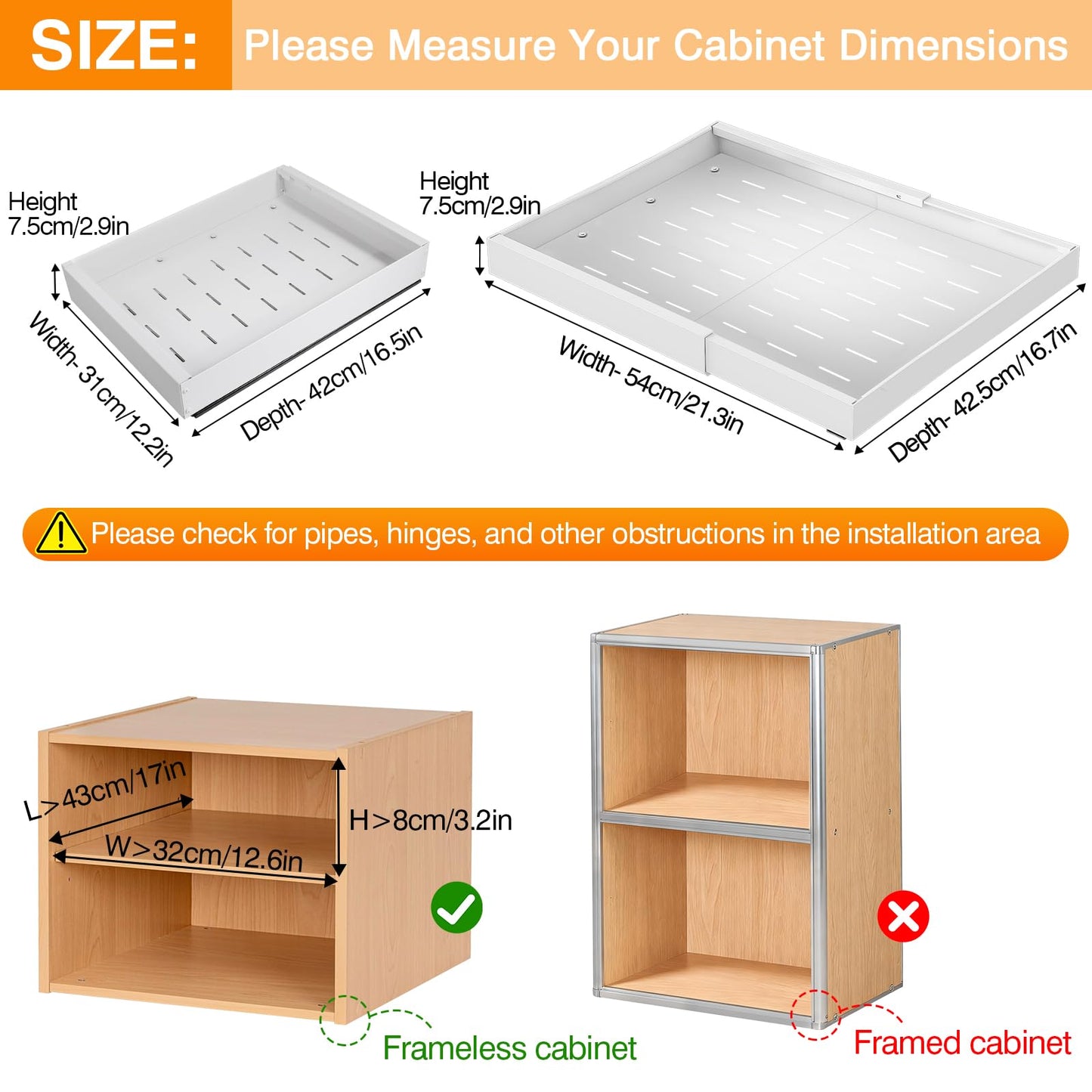 2 Pack Pull out Cabinet Organizer Sliding Shelf, 16.7" Deep, Expandable(12.2"-21.3") Slide Out Drawers for Kitchen 0rganizers and Storage, Heavy Duty with Adhesive Nano Film Or Screw,Roll Out Drawers