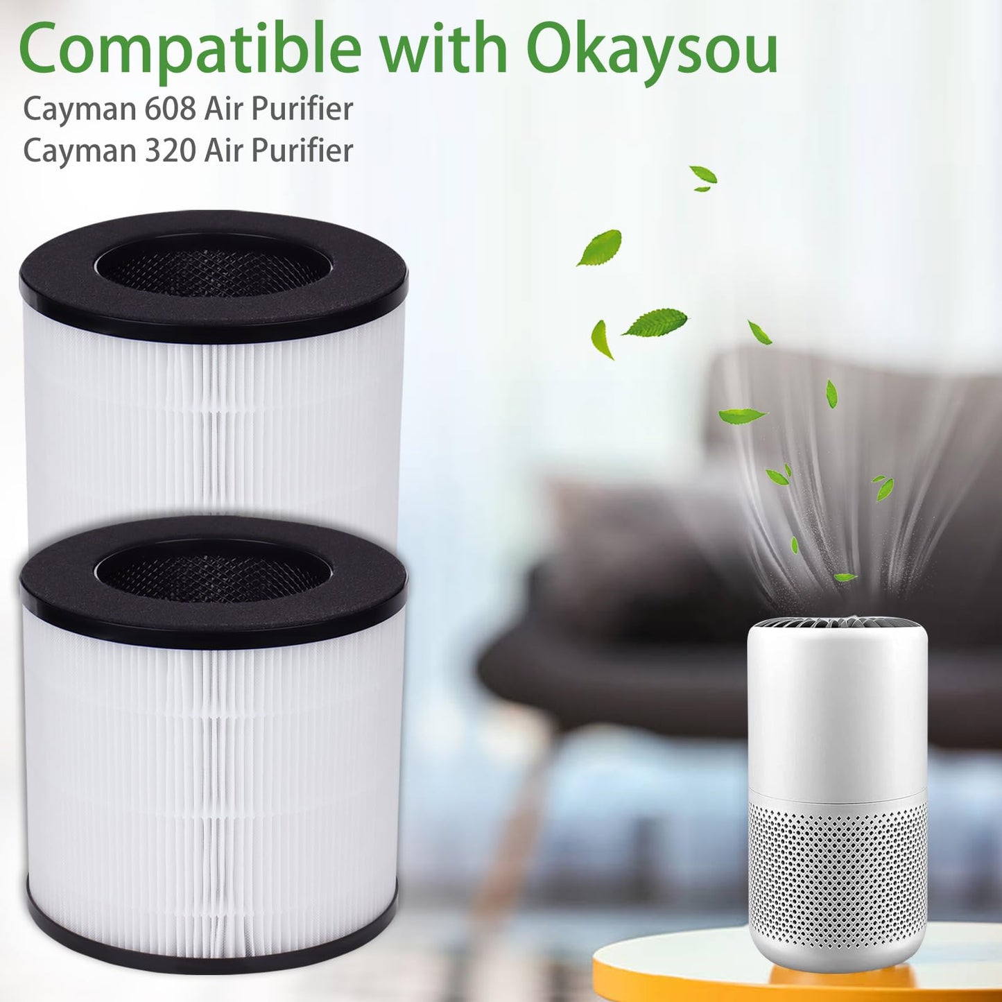 608/320 Filter Compatible with Okaysou Cayman 608/320 Air Purifier 3-in-1 True HEPA High-Efficiency Activated Carbon Pre-Filter Replacement Air Filters for Cayman 608 & Cayman 320 (2 Pack)