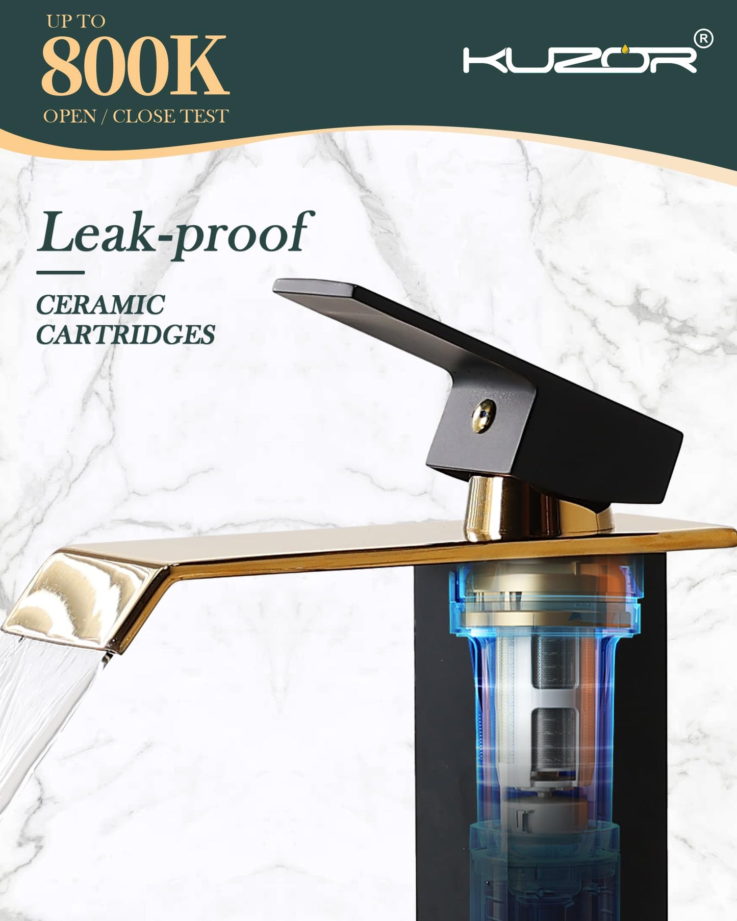 KUZOR Black & Gold Waterfall Bathroom Sink Faucet – Single Hole 304 Stainless Steel Faucet with Metal Pop-Up Drain, Low-Profile Design for Modern Vanities