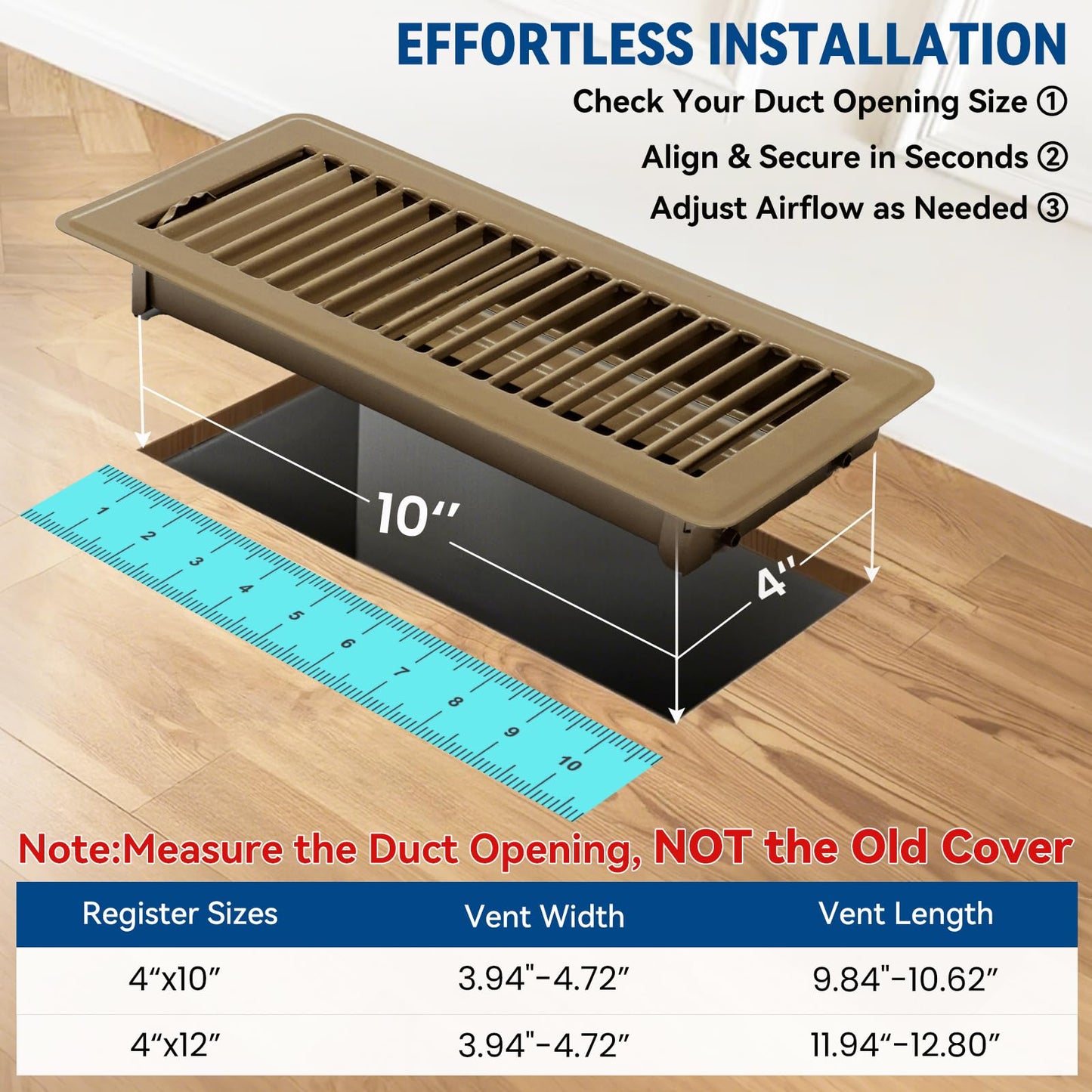 4" x 10" Floor Register Vent Covers 4-Pack, Walkable Powder-Coated Metal Vent Covers with Adjustable Airflow, Curved Safe Edges for Floor/Wall, Brown