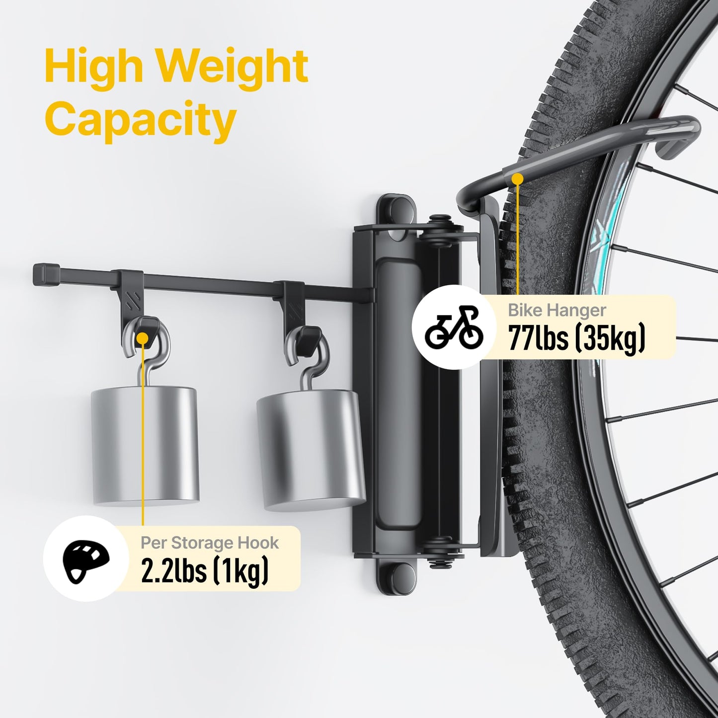 monTEK Swivel Bike Wall Mount, Bike Hangers for Garage, Bike Mount with Two Extra Storage Hooks, Bike Hanger Wall Mount for Space Saving, Bike Rack Garage Holds Up to 77 lbs