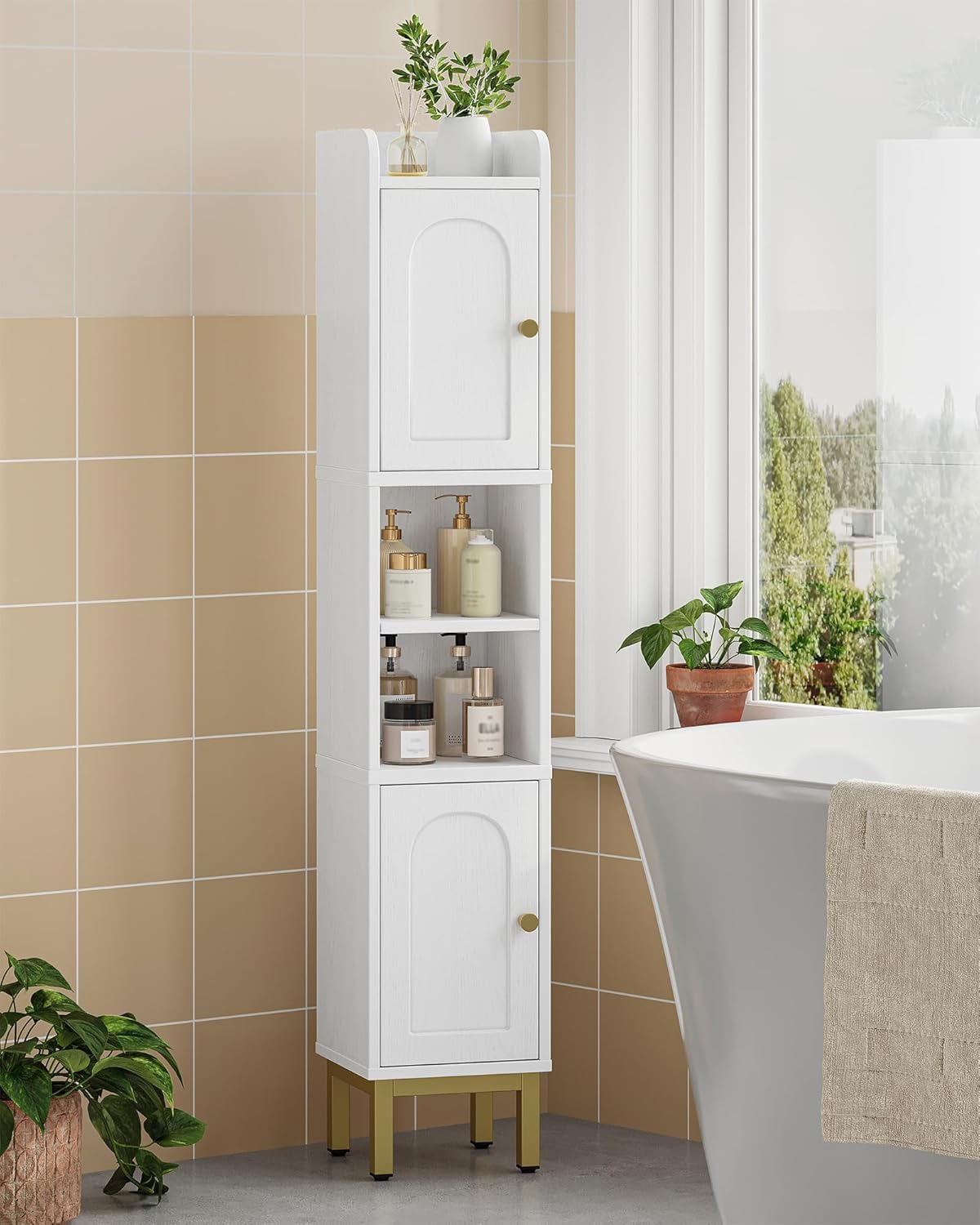Hzuaneri Slim Bathroom Storage Cabinet, Narrow Bathroom Organizers and Storage with 4 Adjustable Feet, Laundry Room Organization for Small Space, Kitchen, Living Room, 2 Doors White BC22413G
