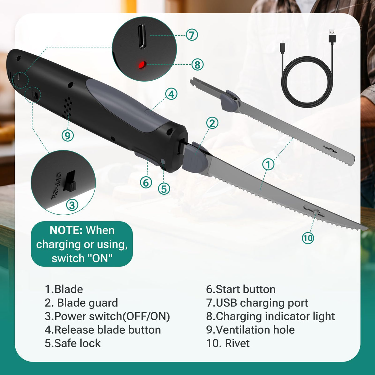 VLOXO Cordless Electric Knife, Rechargeable Electric Knife with 2 Ti-Nitride S.S. Coated Non-Stick Blades Non-Slip Handle Safety Lock Electric Carving Knives for Bread Turkey