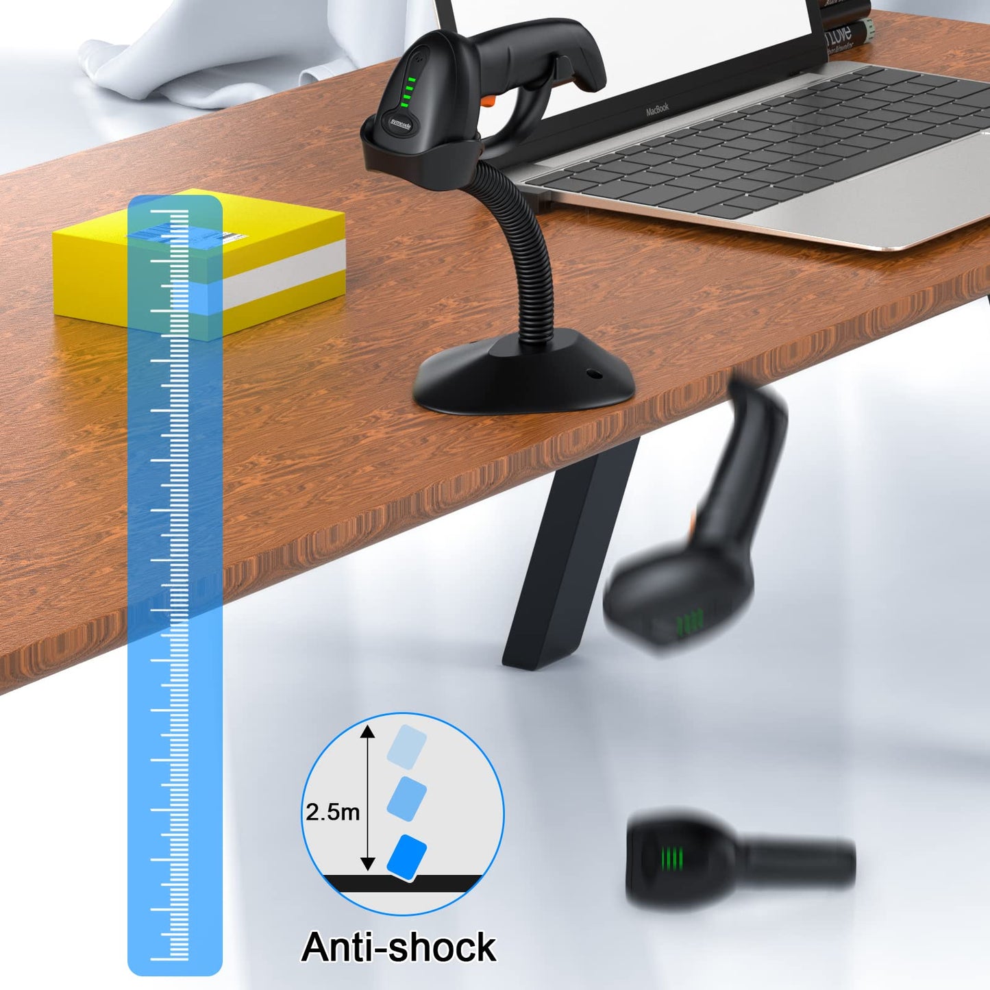 Symcode Upgraded Wireless 2D Barcode Scanner with Auto-Sensing Stand,Putting on Stand to Scan Automatically Sense Scanning Bluetooth Barcode Scanner with Battery Level Indicator More-to-one Mode