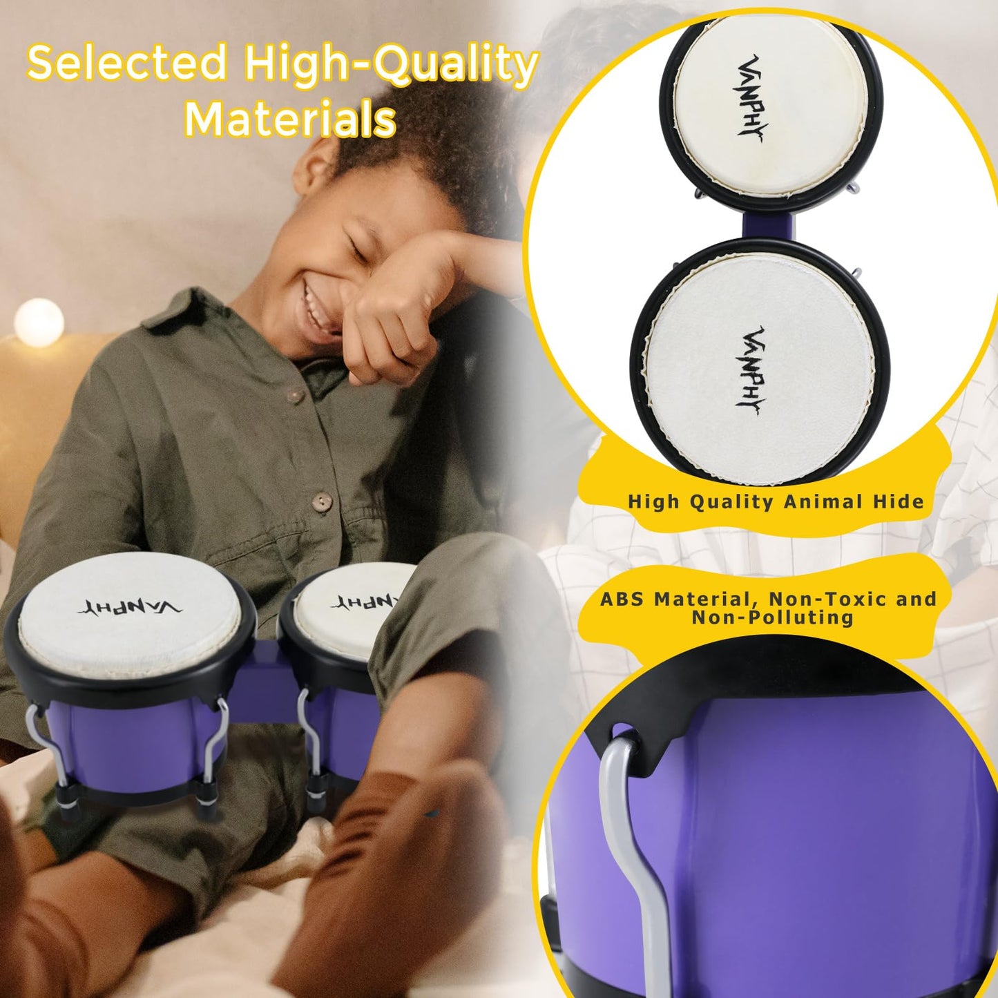 VANPHY Bongo Drum 4'' and 5'' Set for Kids Adults Beginners Percussion Bongos Drum With Tuning Wrench (Deep Purple)