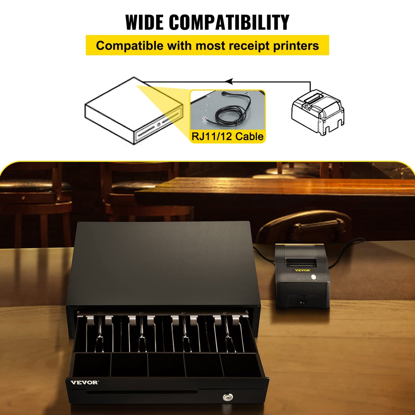VEVOR Cash Register Drawer, 13" 12 V, for POS System with 4 Bill 5 Coin Cash Tray, Removable Coin Compartment & 2 Keys Included, RJ11/RJ12 Cable for Supermarket, Bar, Coffee Shop, Restaurant(USD Only)