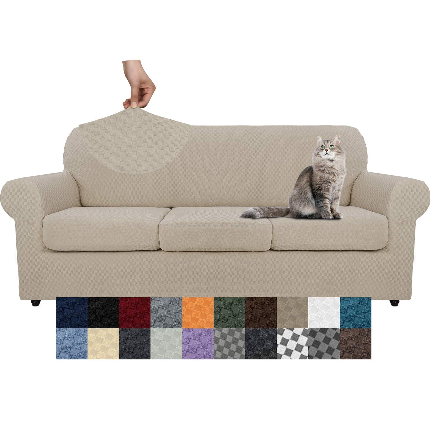 YEMYHOM Latest Checkered 4 Pieces Couch Covers for 3 Cushion Couch High Stretch Thickened Sofa Cover for Dogs Pets Anti Slip Elastic Slipcovers Living Room Furniture Protector (Sofa, Khaki)