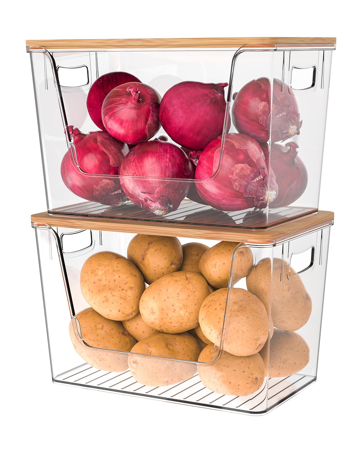 2 Pack Potato and Onion Storage Bin, Stackable Clear Fruit and Vegetable Storage, Acrylic Pantry Organizers and Storage with Bamboo Lid for Potato Onion Produce Vegetable Storage (Clear, XL-2 PACK)