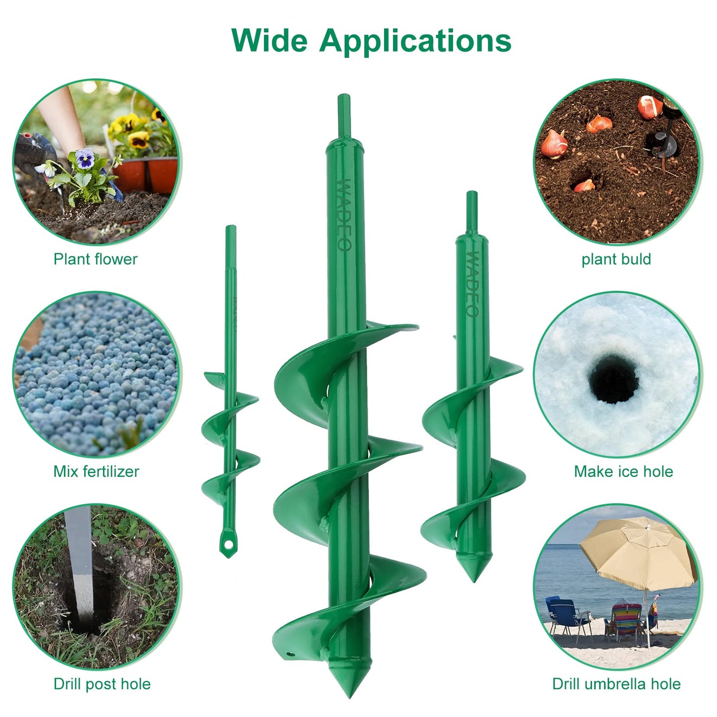 WADEO Auger Drill Bit Set, 3 PCS Spiral Hole Drill Planter, Bulb Auger for Cordless Drill, Dirt Auger With Garden Genie Gloves, 20pcs Plant Label and 2 Shovel