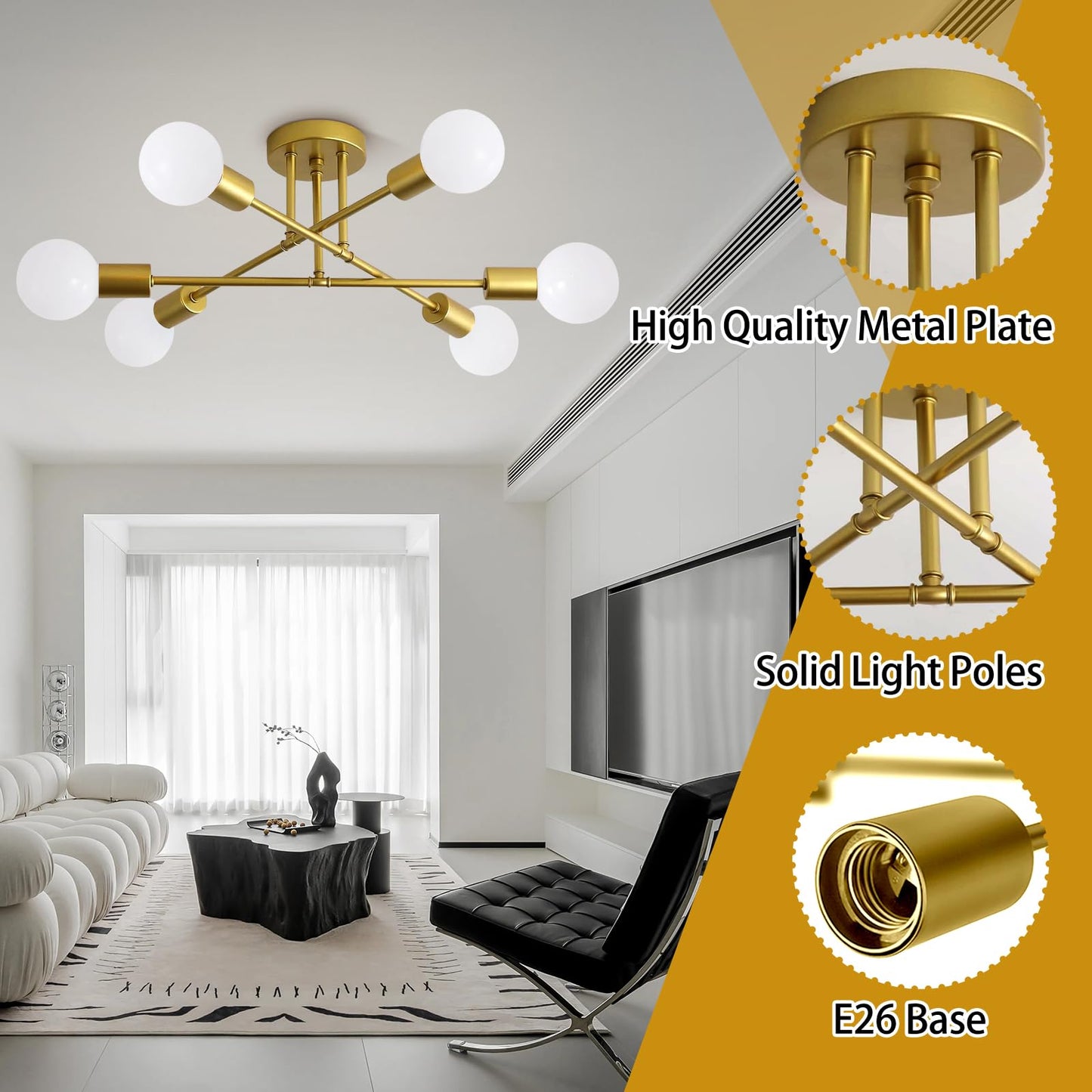 Ceiling Light, 6-Light Sputnik Chandelier,Direction Adjustable Light Fixtures Ceiling,Modern&Stylish Gold Dining Room Light Fixtures,Industrial Kitchen Light Fixtures