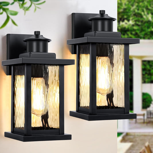 11.65'' Outdoor Light Fixture 2 Pack, Outdoor Wall Lights Exterior Wall Sconce with Water Ripple Glass, Waterproof Porch Light Lantern Wall Mounted, Modern Black Outside Lights for House Patio Garage