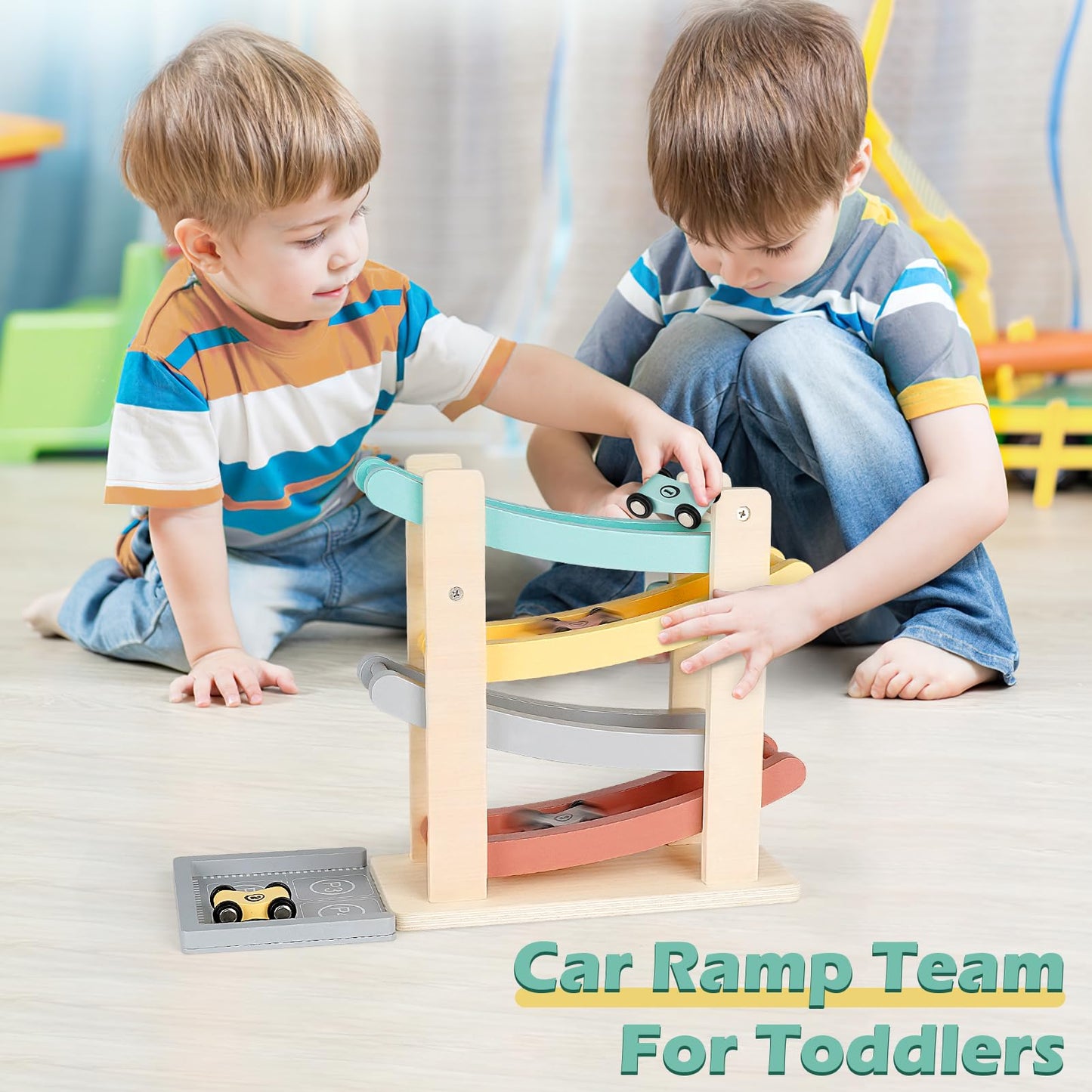 Montessori Toys for 1 Year Old Boy Gifts, Wooden Car Ramp Toys for 1 2 Year Old Boy Girl Birthday Gifts, Race Track Truck Car Toy with 4 Mini Cars/1 Parking Lot for Toddlers 1-3