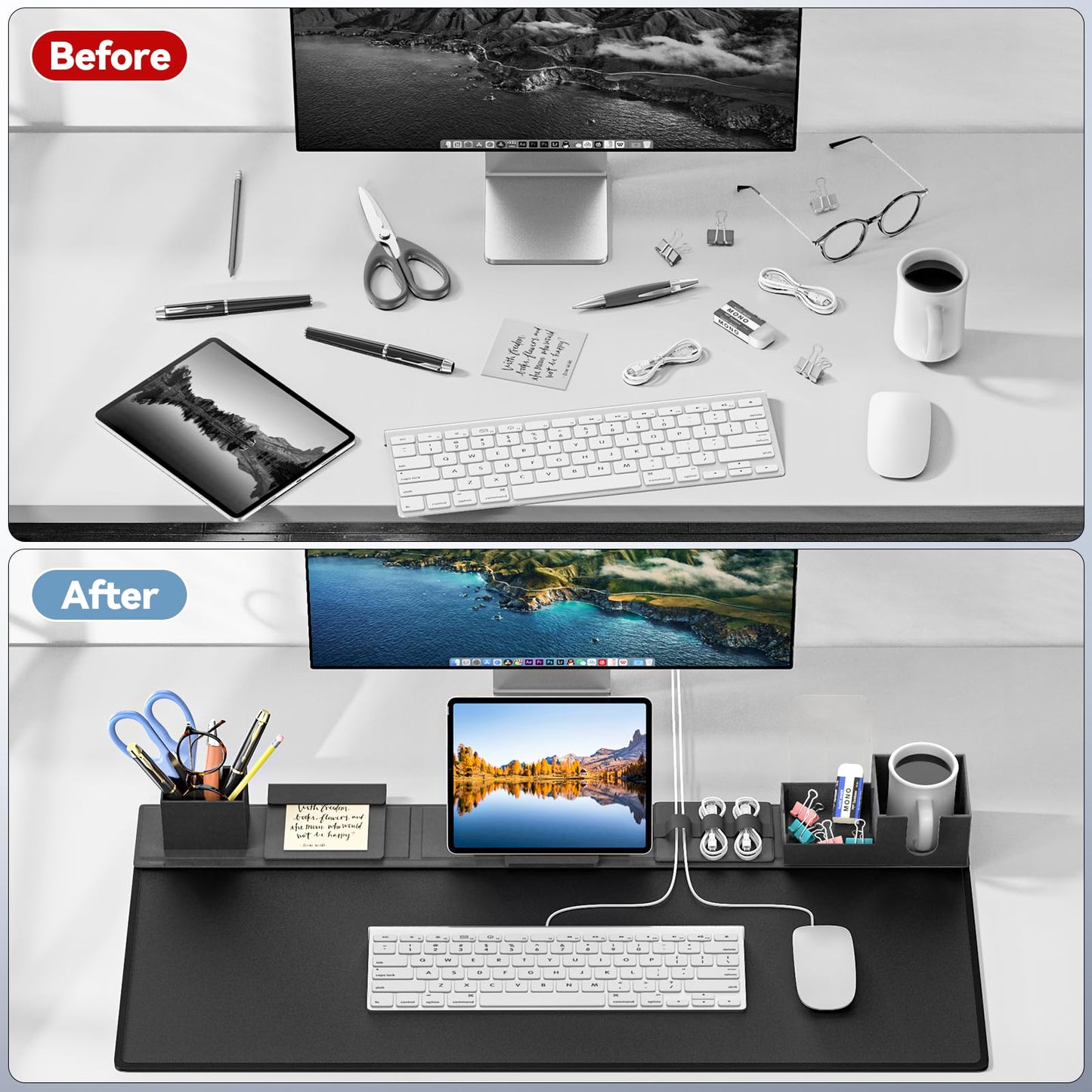 KDD Desk Mat with Magnetic Organizer Set, 6 in 1 Mouse Keyboaed Pad with Storage Accessories DIY Feature for Phone/Tablet Stand/Cup Holder/Card/Pen Holder/Cable Management for Office Desk Accessories
