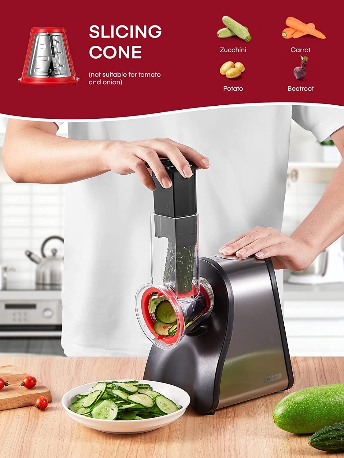FOHERE Electric Cheese Grater, Electric Grater Shredder with 4 Interchangeable Cones, One Touch Easy Control, Multi Salad Maker for Vegetables, Cheeses and Nuts, 150W