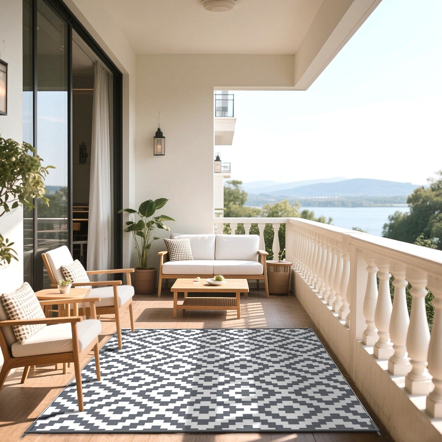 Mokani Reversible Outdoor Rug 5x8ft Waterproof, Geometric Anti-Slip Plastic Straw Outdoor Carpet Mat, UV Resistant Patio Rugs Tapis Exterieur for Garden, RV, Deck, Camping, Picnic