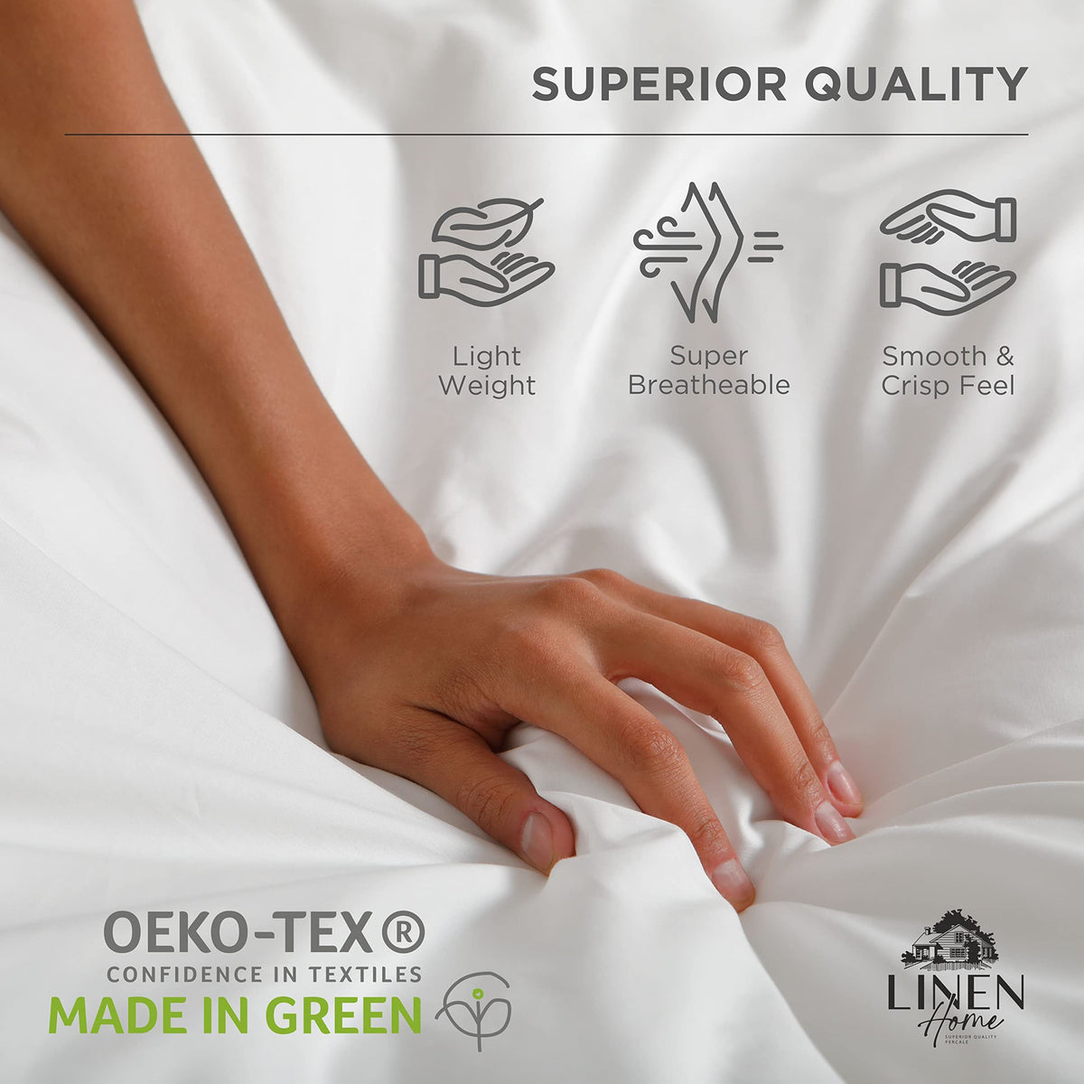 Linen Home 100% Cotton Percale Weave Fitted Sheet, Twin Size, White, 1 Deep Pocket Fitted Sheet, Fits Mattress Upto 16" Crisp and Cool Strong Bed Linen, 39"X75"+15"