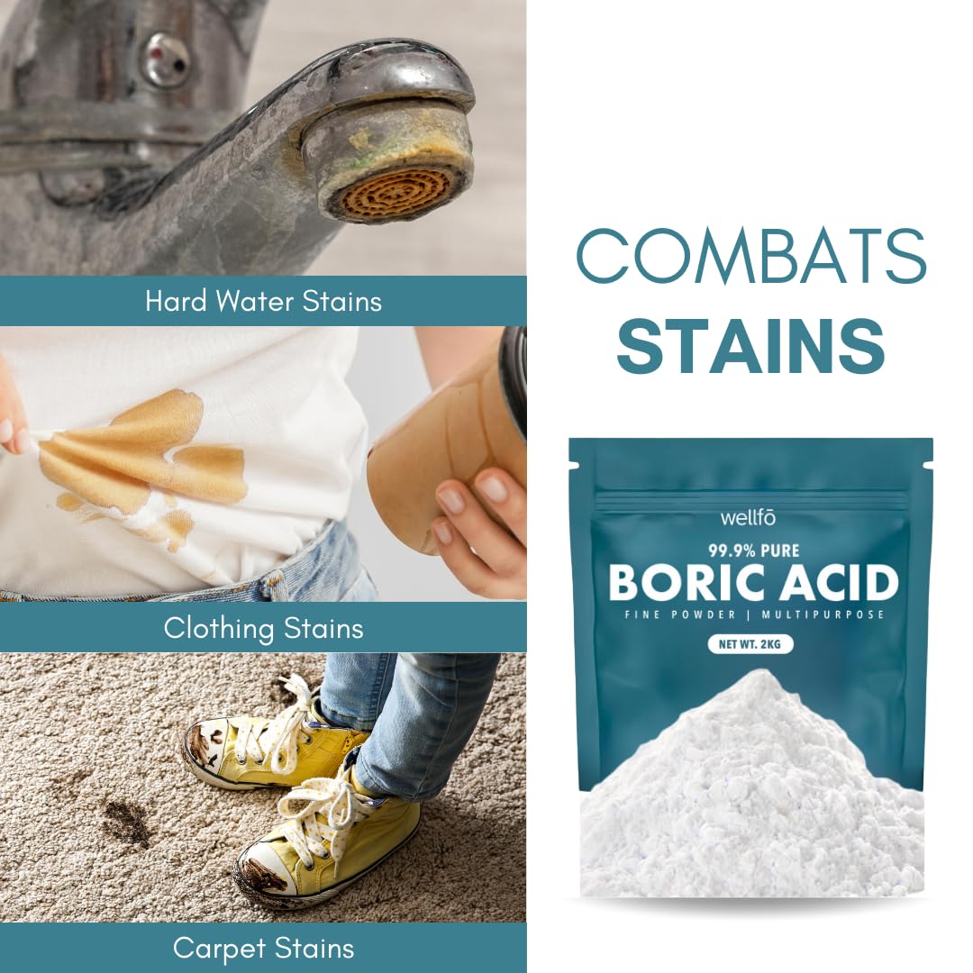 WELLFO 99.9% Pure Boric Acid Fine Powder | Multi-Purpose Household Kitchen Cleaner | Commercial Grade Strength | Anhydrous (2 Kilograms)