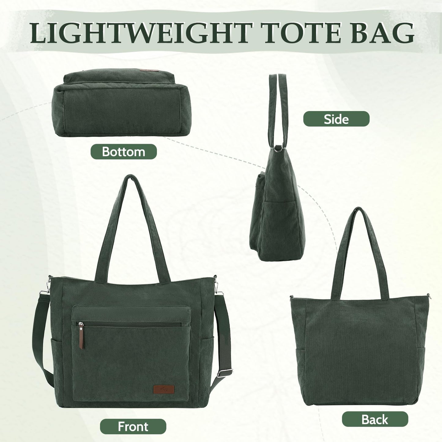 Kasqo Corduroy Tote Bag for Women, Extra Large Zippered Crossbody Shoulder Purse with 15.6" Laptop Compartment for Work Travel School College, Army Green