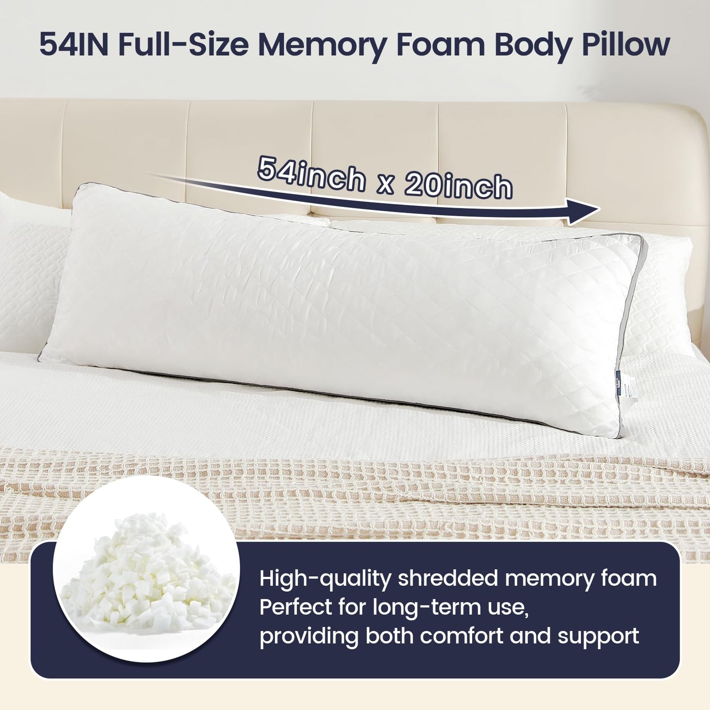 Rainmr Shredded Memory Foam Full Body Pillow, Long Hugging Bed Pillows for Adults, Breathable Extra-Firm Large Pillow for Side Sleep, Big Support Body Pillow for Sleeping (20 x 54 Inches)