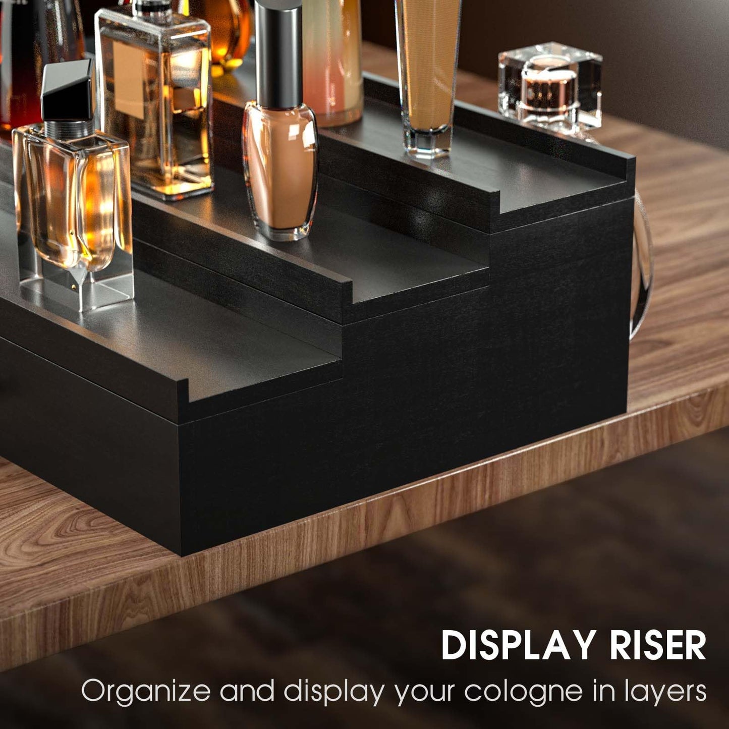 Wooden Cologne Organizer for Men, 3 Tier of Elevated Cologne Display Shelf with Drawer Storage, Perfume Organization and Storage Display Risers,Great Gift for Man (Black)