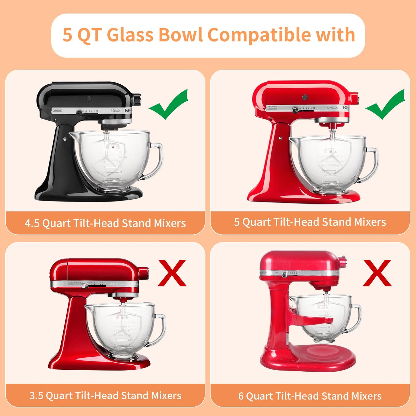 5QT Glass Bowl Compatible with KitchenAid 4.5 and 5-Quart Tilt Stand Mixers,Glass Mixing Bowl with Lid, Measurement Markers and Handle