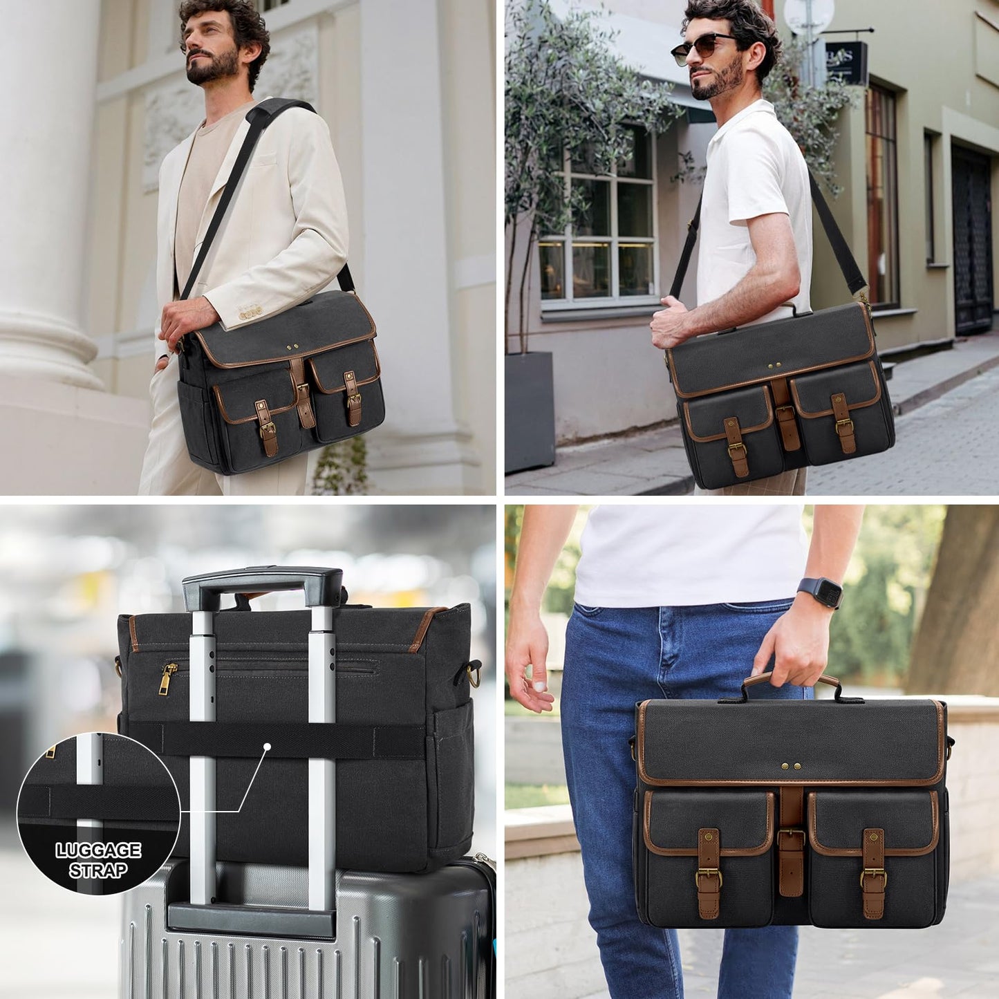 RAINSMORE Messenger Bag Men Canvas 15.6 Inch Computer Laptop Bag Waterpfoof Satchel Bags for Men Work Office, Black