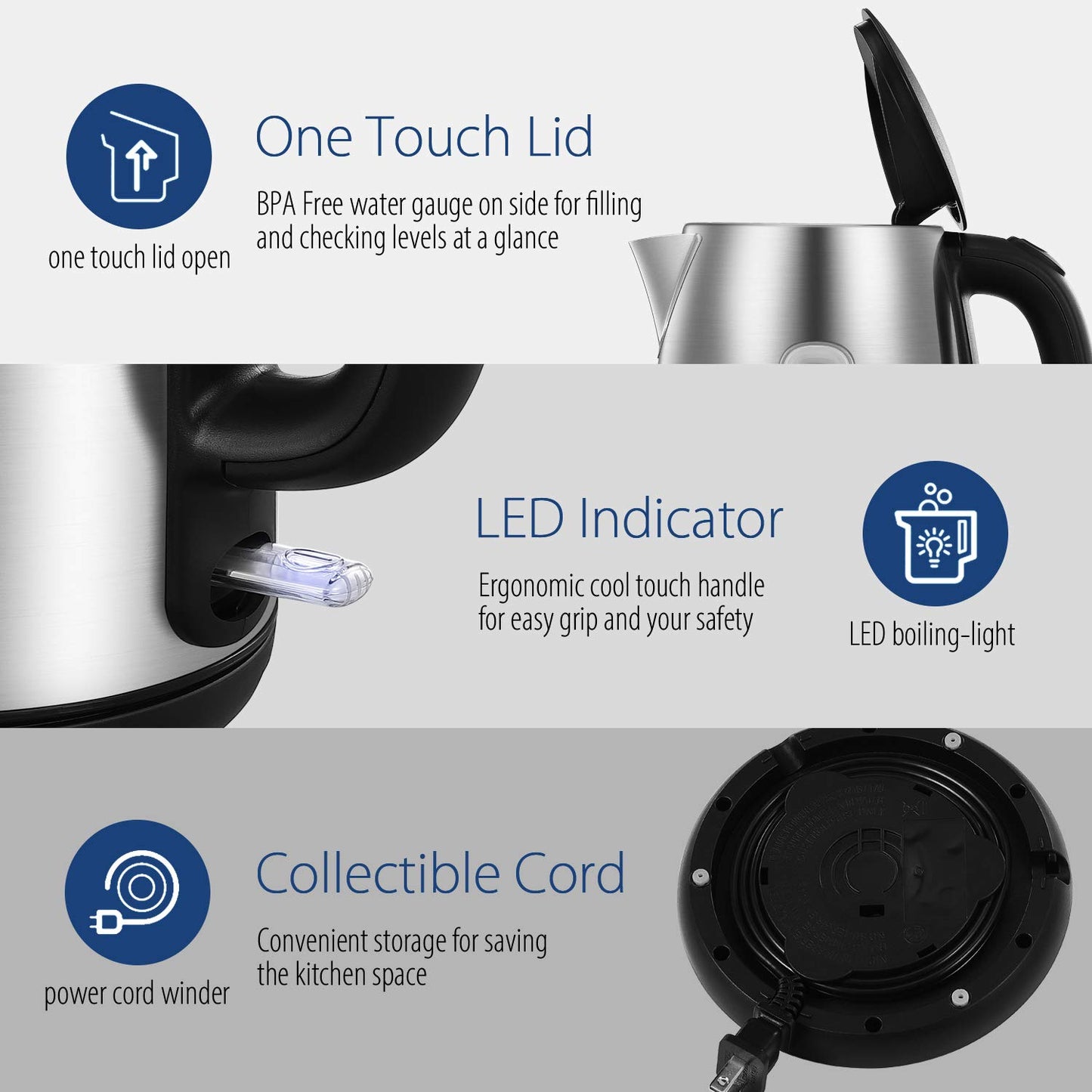 COMFEE' Stainless Steel Electric Kettle, 1.7L Tea Kettle Electric for Boiling Water, Hot Water Kettle 1500W Fast Boil with LED Light, Auto Shut-Off and Boil-Dry Protection