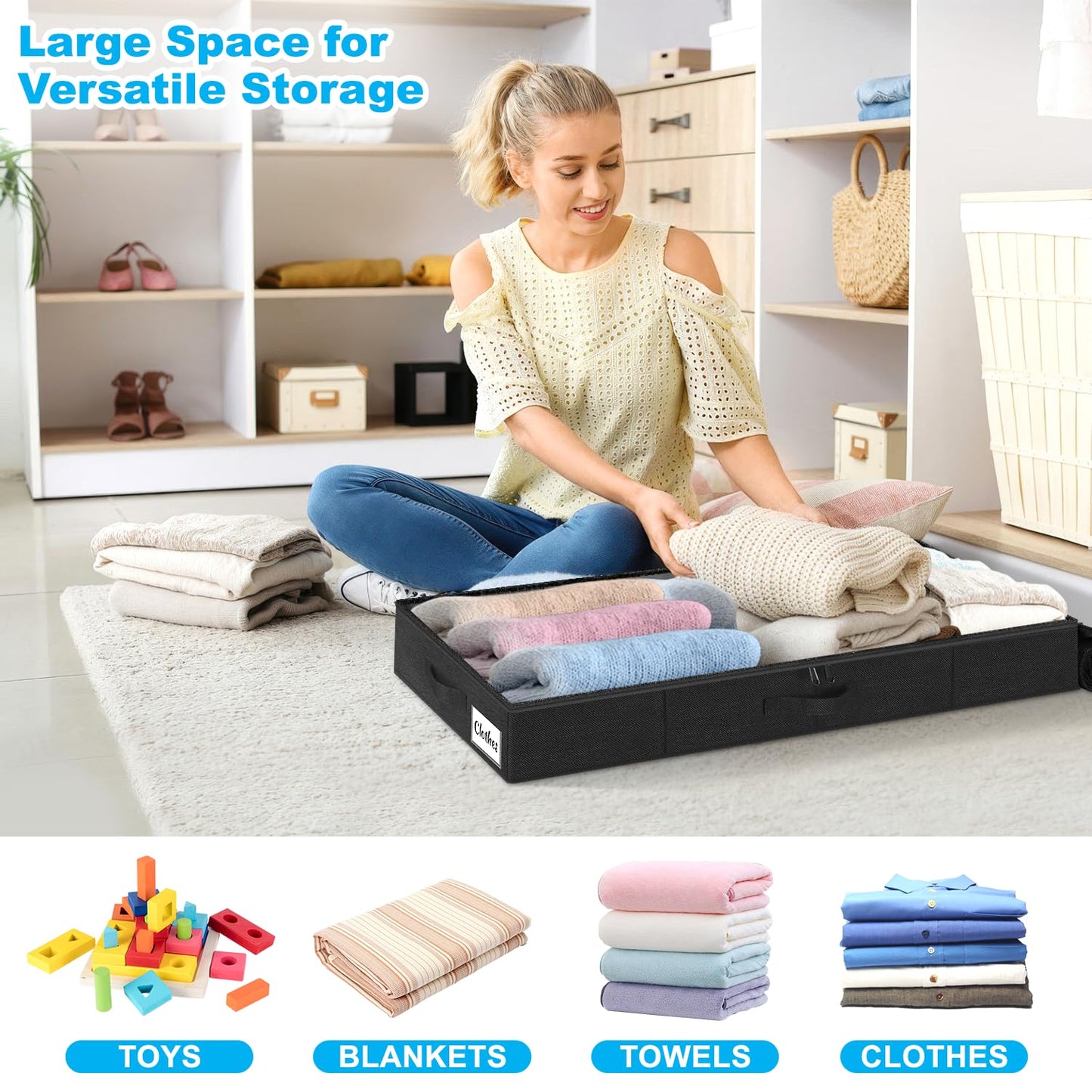 2 Pack Under Bed Storage Bins 12cm (4.5") Tall, Low Profile Underbed Clothes Storage Containers with Lids, Foldable Thick Fabric Underbed Storage Box for Blankets, Clothes, Toys w/Sturdy Bottom/Sides