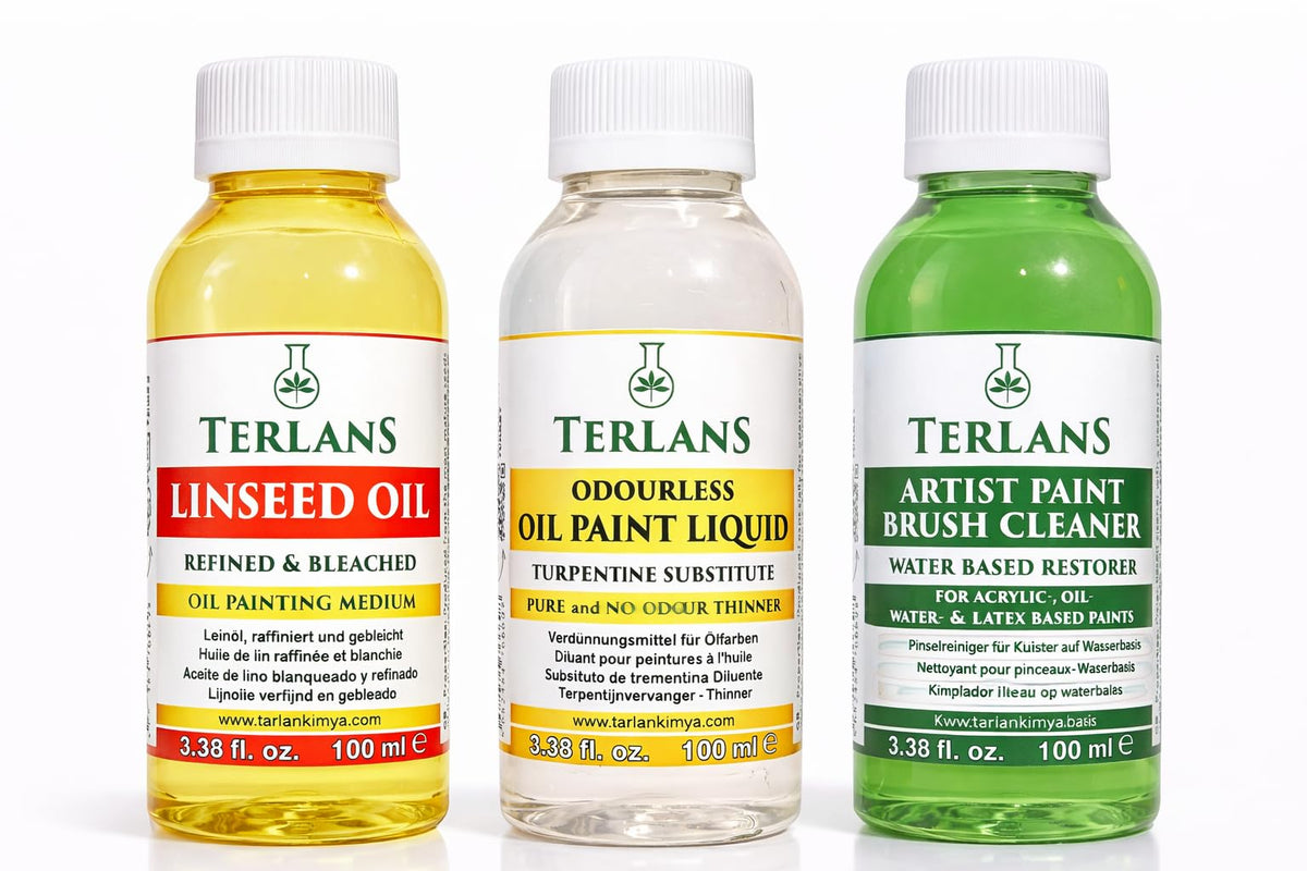 TERLANS Oil Painting Essentials Set, 3x100 ml (3x3.38 Fl.Oz.) | Linseed Oil, Brush Cleaner & Odourless Paint Liquid for Smooth Flow, Controlled Dilution & Paint Care | Artist Oil Painting Supplies