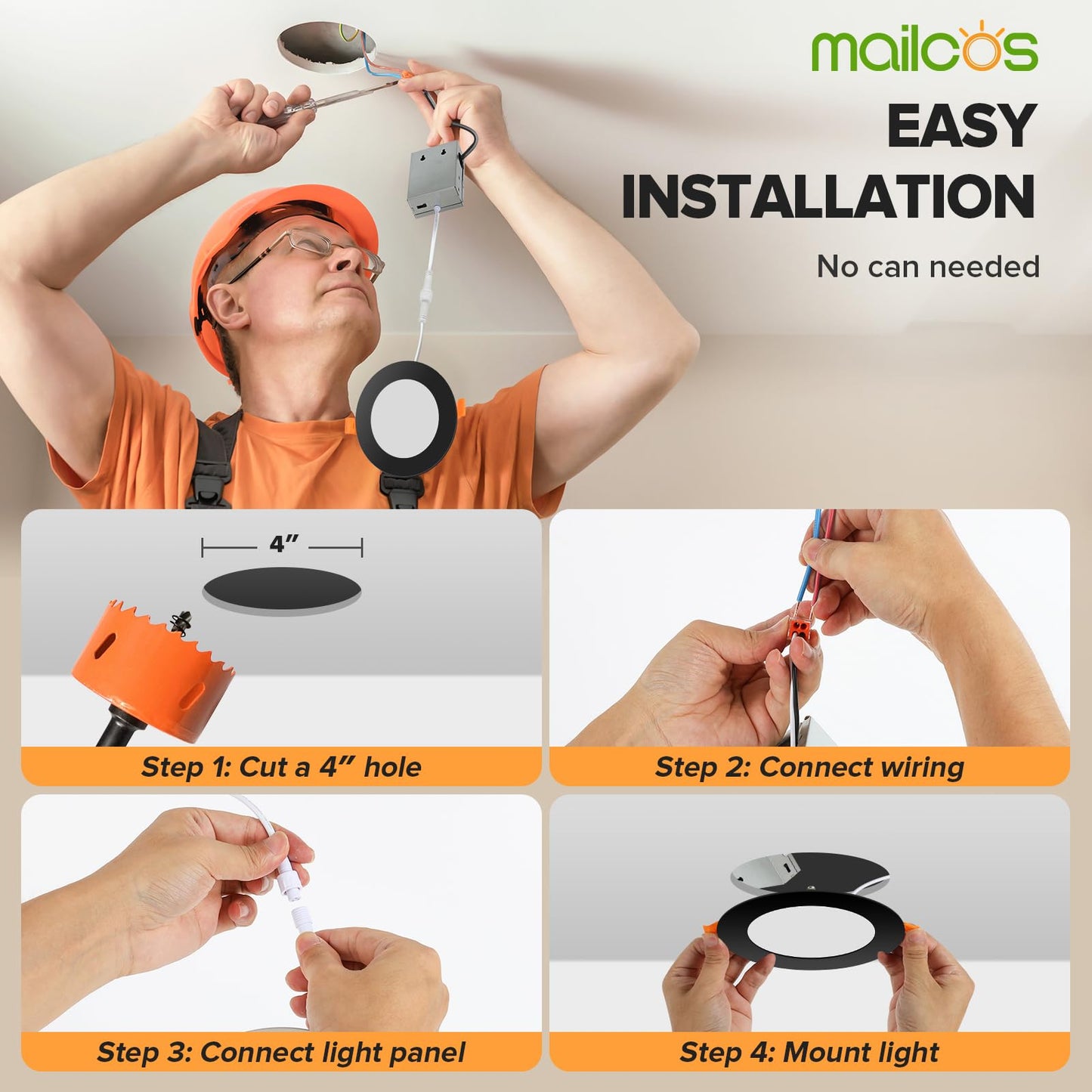 MAILCOS 4 Inch 5CCT Black Ultra-Thin LED Recessed Ceiling Light with Junction Box, 2700K-5000K Selectable, 1050LM High Brightness, 0%-100% Dimmable Canless Wafer Downlight, 12W 120V, ETL（6pack）