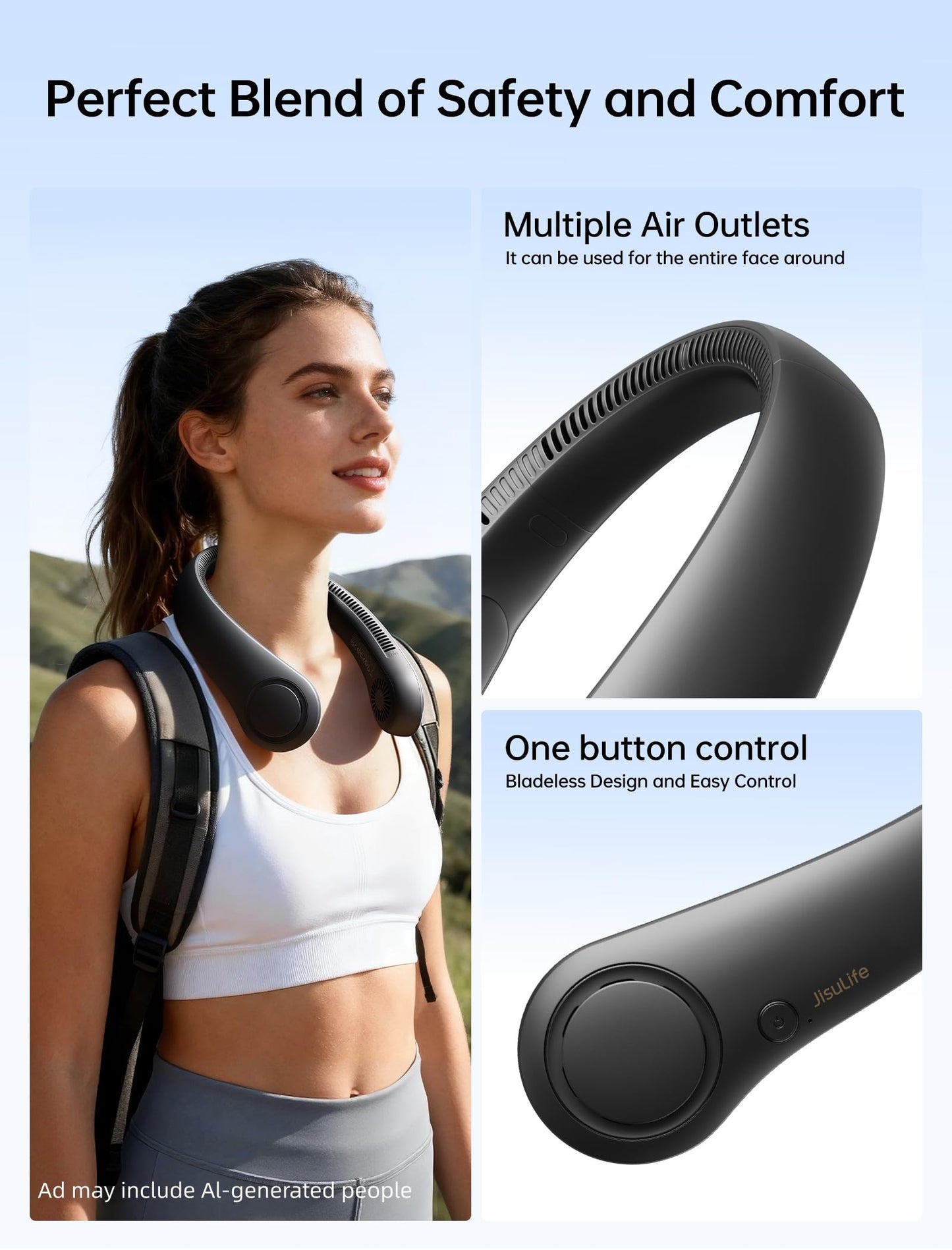 JISULIFE Portable Neck Fan, Hands Free Bladeless Fan, 4000 mAh Battery Operated Wearable Personal Fan, Leafless, Rechargeable, Headphone Design,5 Speeds Gifts for Women Men-Black