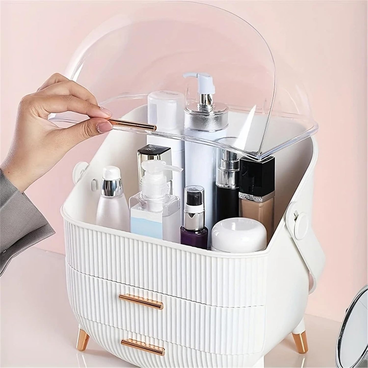 Makeup Organizer Box with Transparent dustproof Cover，Portable 3 Tier Skincare Cosmetics Organizers with Drawers Display for Bathroom, Countertop, Vanity