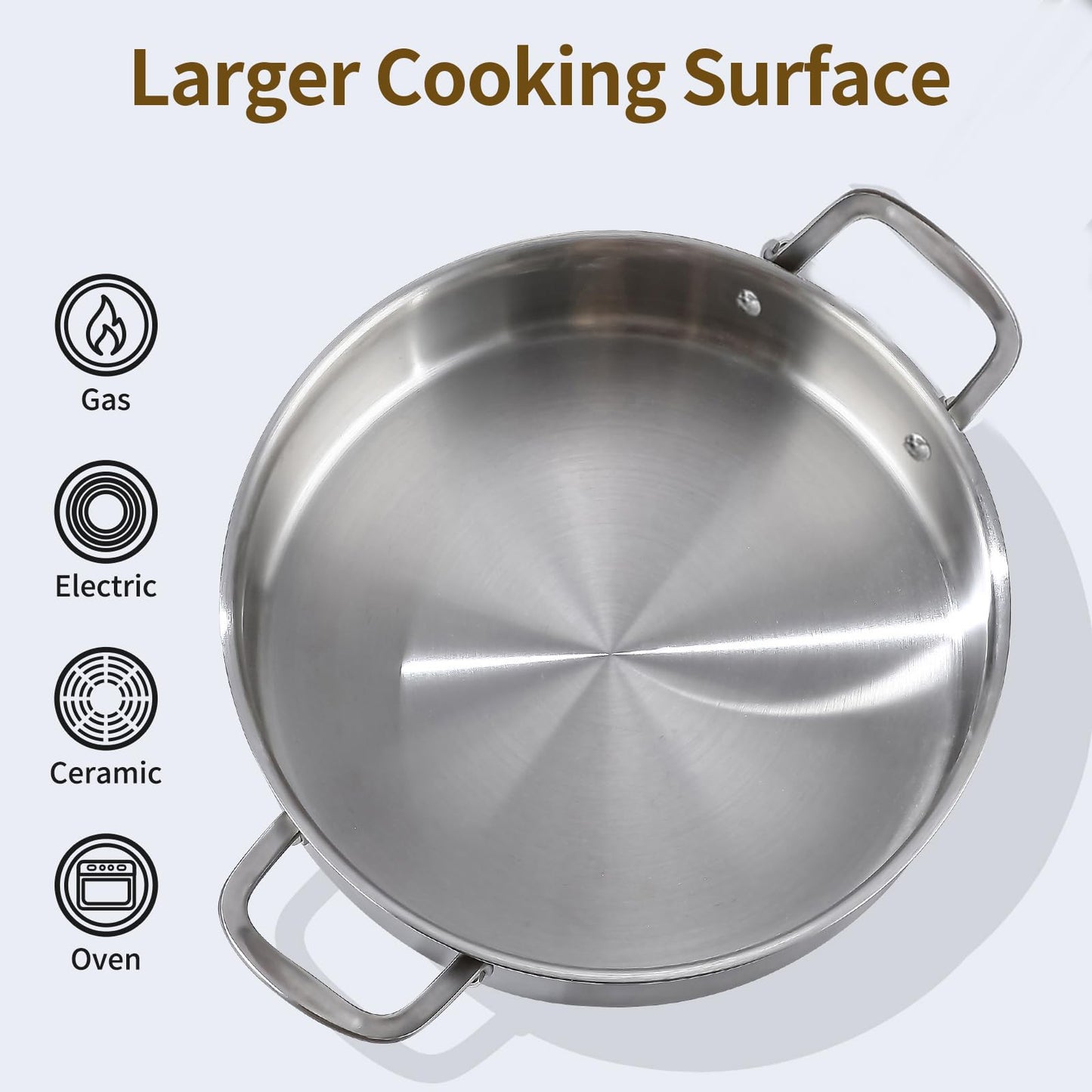 DELARLO Tri-Ply Stainless Steel 6 Quart Braiser Pan with Lid Induction Rondeau Pot with Lid 12inch Deep Frying Pan Large Saute Pan Heavy Duty Style Compatible with All Cooktops Up to 650℉