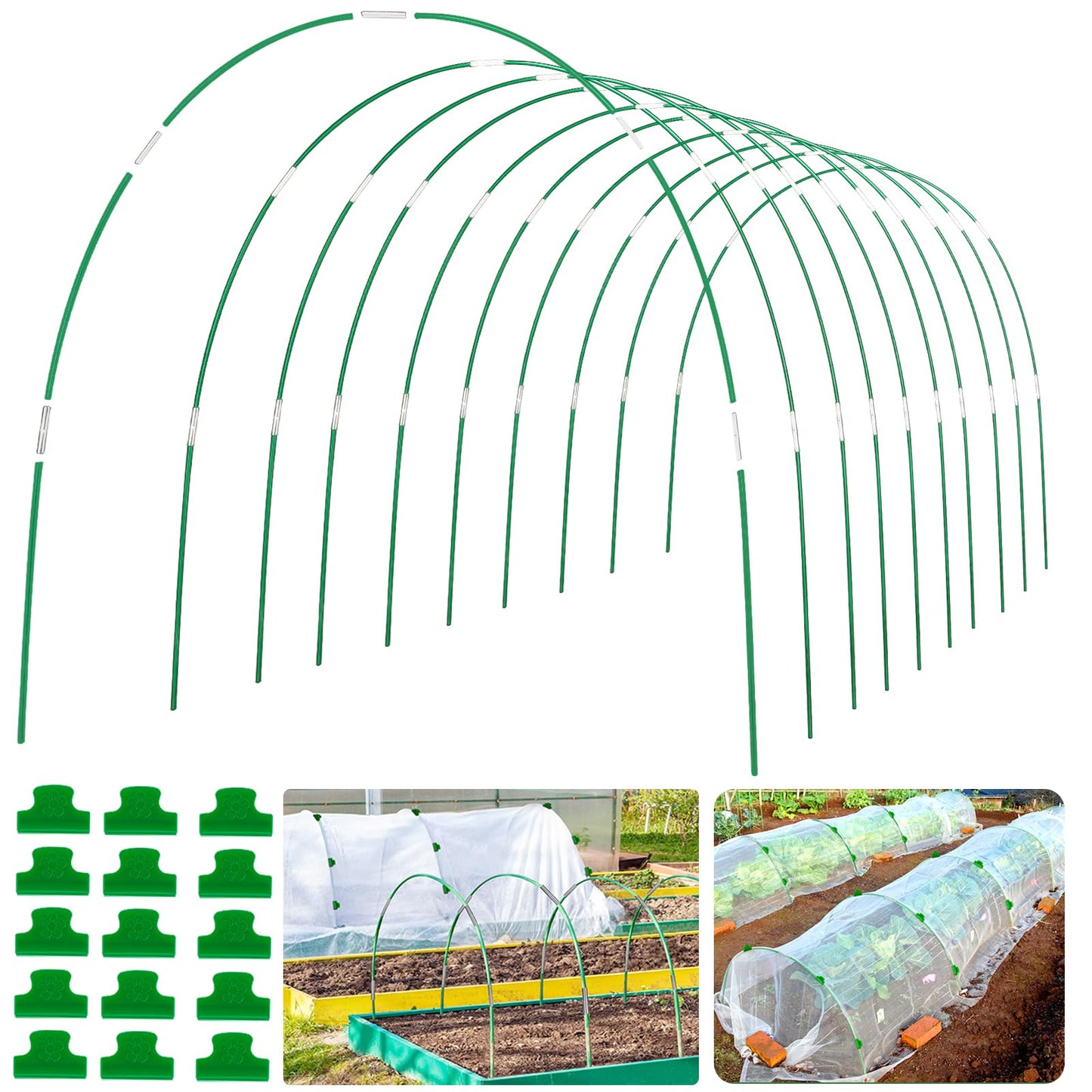 WYRJXYB 60Pcs Greenhouse Hoops Grow Tunnel for Raised Beds Netting,Flexible Garden Hoop Kit, Rust-Free Fiberglass Garden Hoops Frame for Graden Bed Plant Row Cover,DIY Plant Support Stakes-40Pcs Clips