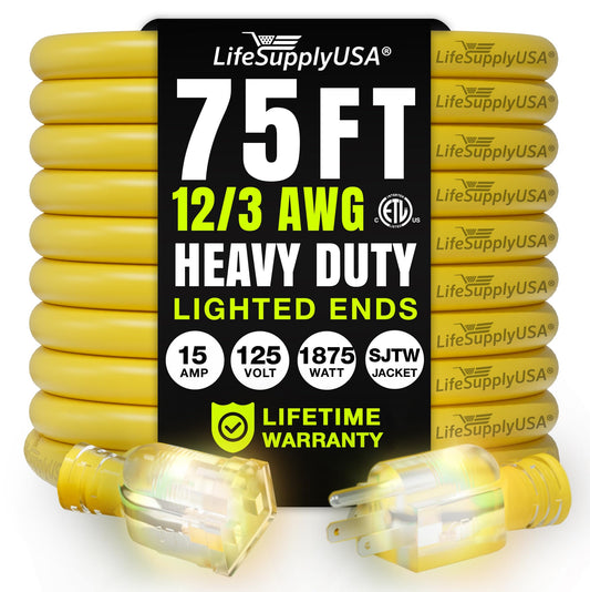 75ft Outdoor/Indoor Extension Cord 12/3 Gauge Extra Heavy Duty 3 Prong SJTW, Waterproof, ETL Listed, Flexible Cold-Resistant Long Power Cord,15A 125V 1875W, Yellow by LifeSupplyUSA