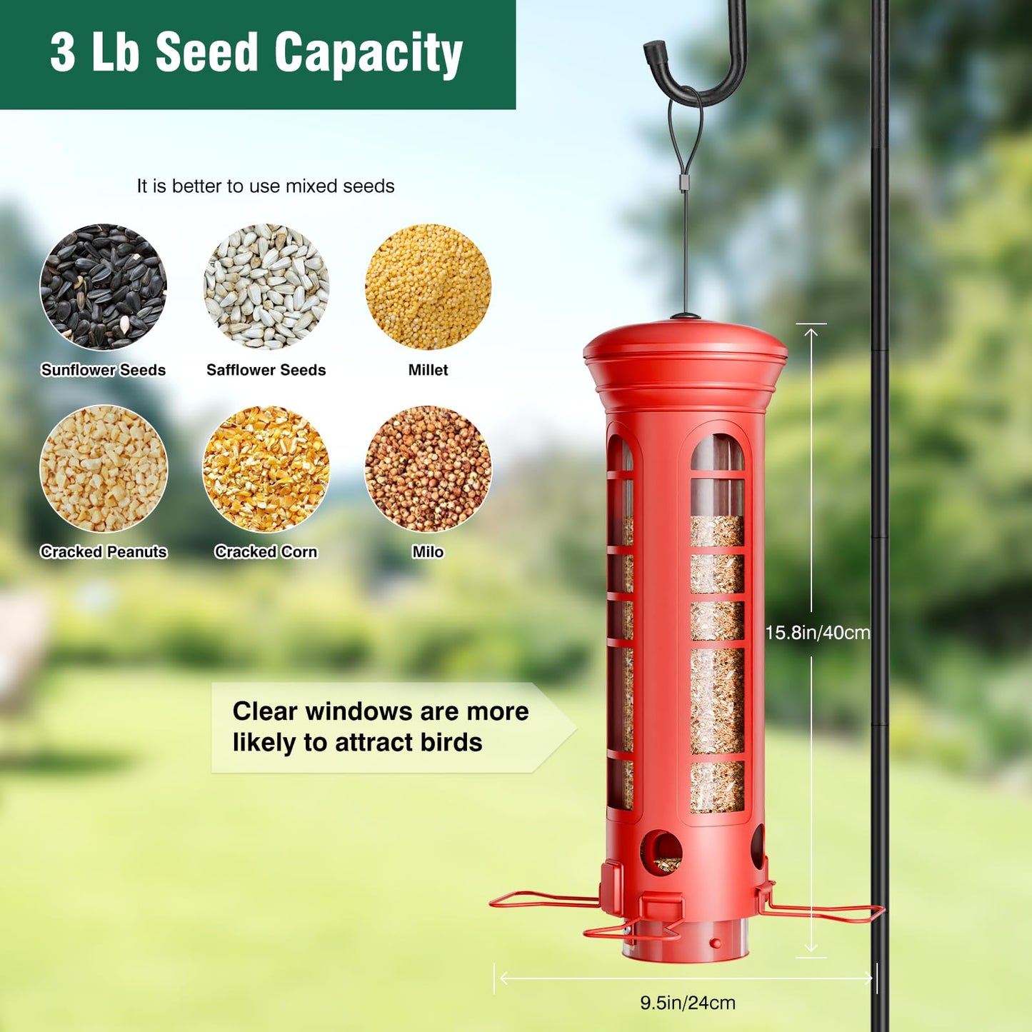 Yarbirder Squirrel Proof Metal Bird Feeder, Removable Base for Cleaning, Weight Activated Perches, 3 Lbs Capacity, Weatherproof & Rust Proof, Outdoor Hanging Bird Feeder for Cardinals, Finches